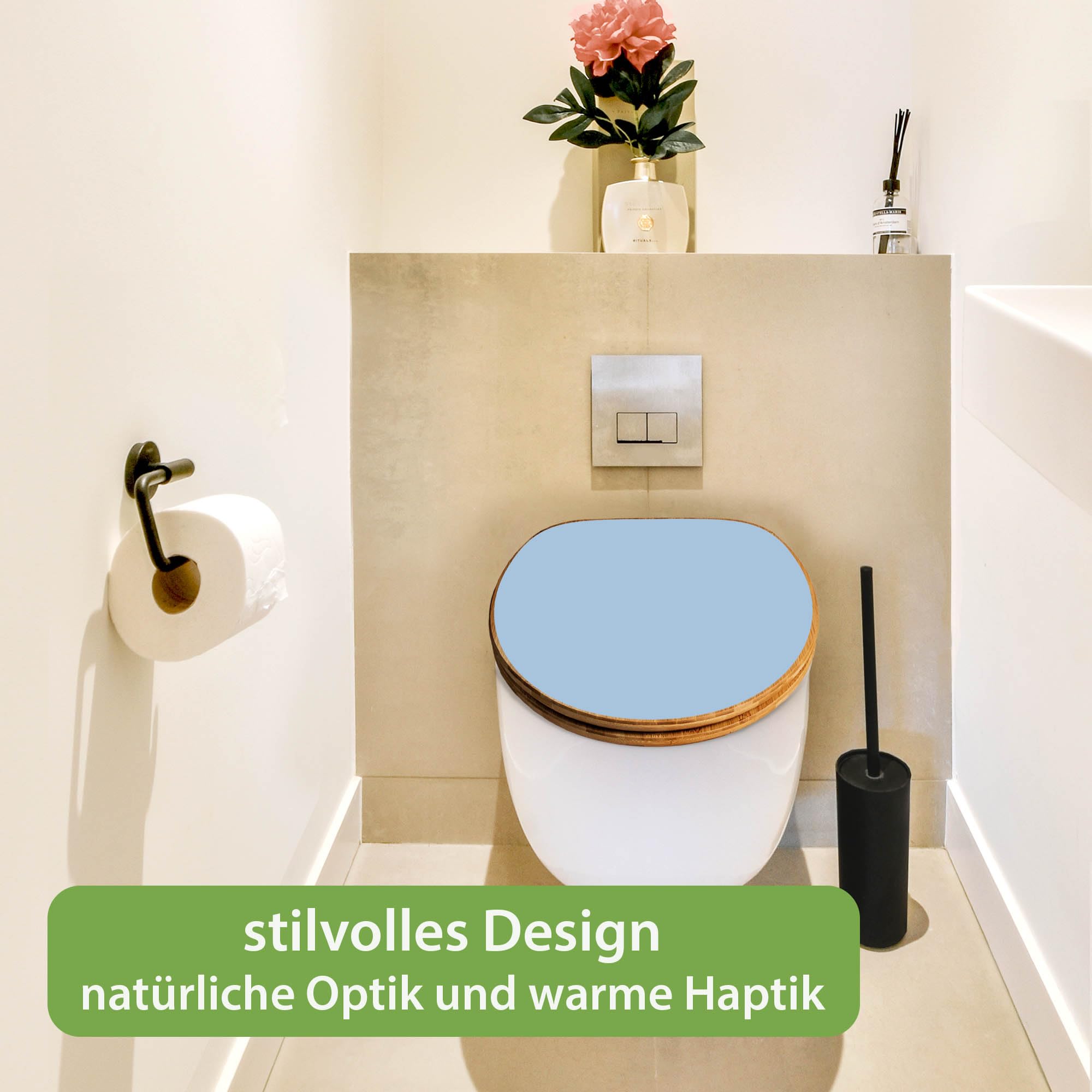 banjado Design WC Sitz Bambus Absenkautomatik 45,8x37,5cm - Toilettendeckel mit Absenkautomatik Holz - hochwertiger Bambus Klodeckel - WC-Sitz für gängigen Toiletten - Farbe Pastellblau