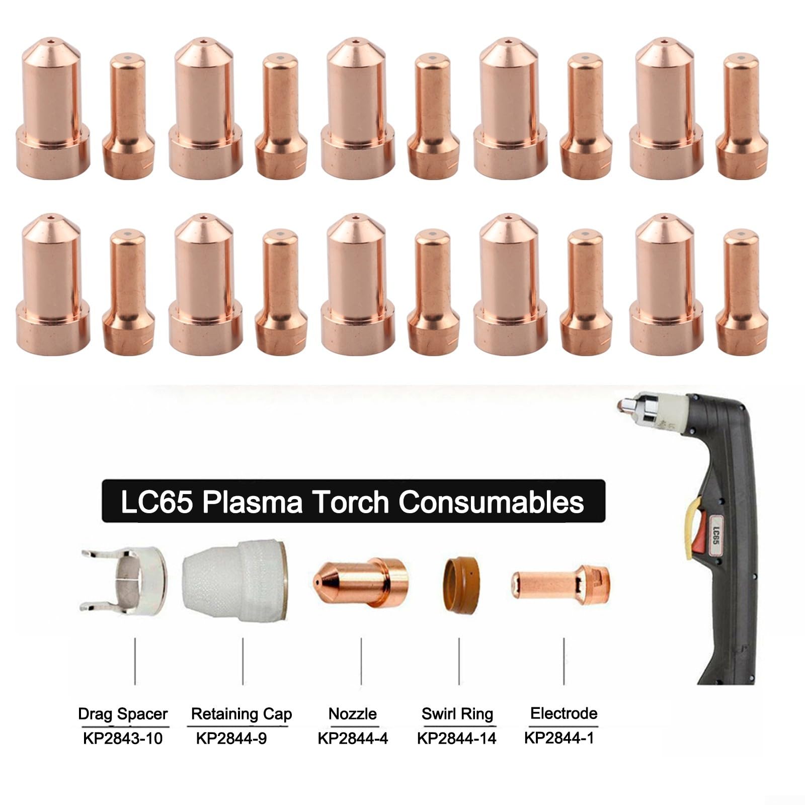 Kit de puntas de corte de plasma de 20 piezas con electrodos Kp2844 y boquillas Kp2844-4 para Tomahawk 1000 Lc65, piezas de hafnio de cobre para aplicaciones 50a