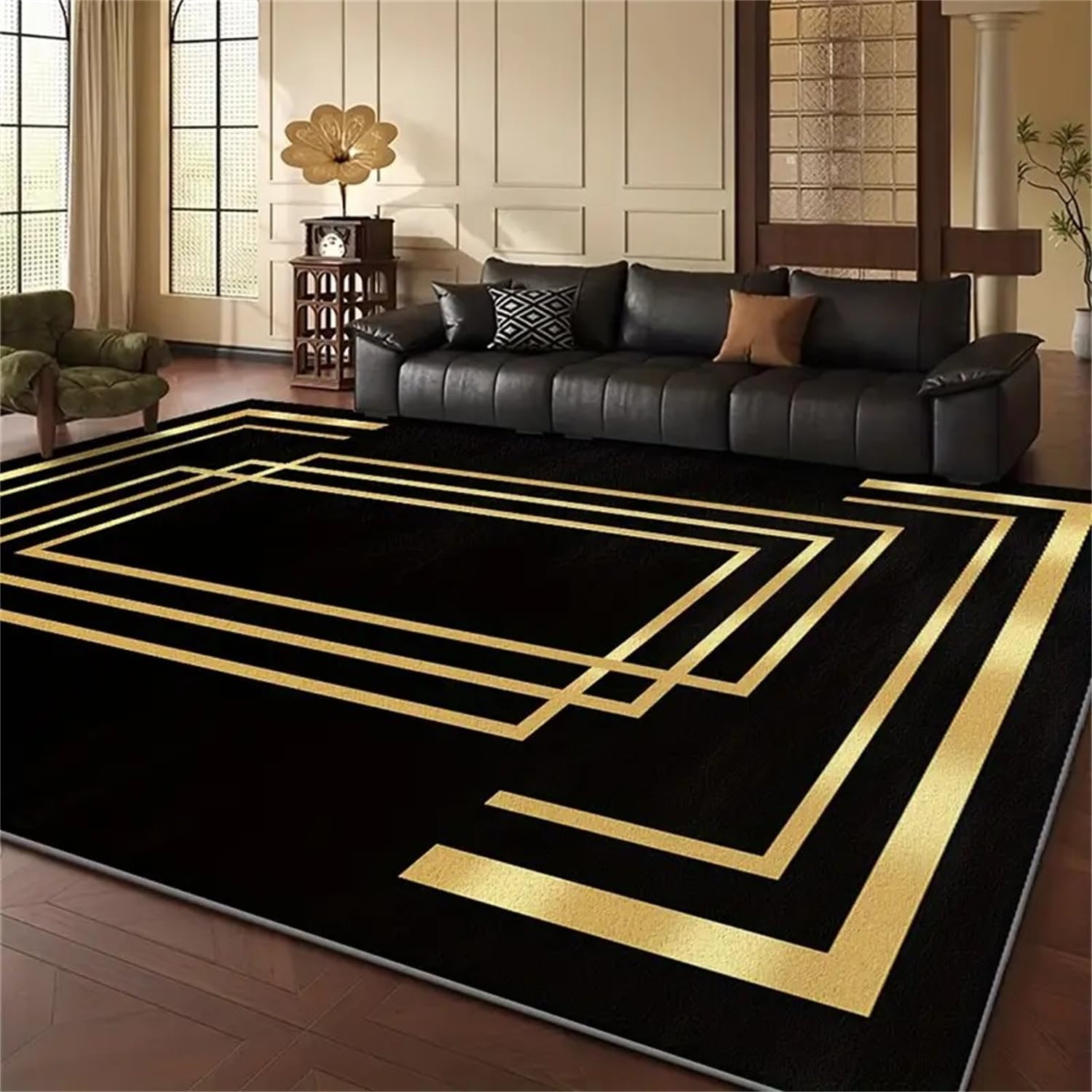 Kuluoits Modern Area Rug, 60x90cm, Abstract Geometric Black and Gold Indoor Rugs, Nordic Fashion Home Decoration Mats, Soft and Durable Non-Shedding Rugs for Living Rooms and Bedrooms
