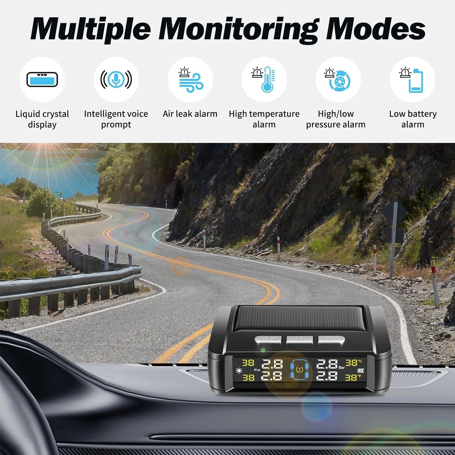 TPMS - Sistema di controllo della pressione degli pneumatici, 4 x sensore di pressione degli pneumatici, senza fili, a energia solare, USB, con display LCD, gamma di pressione: 0-6 bar, per