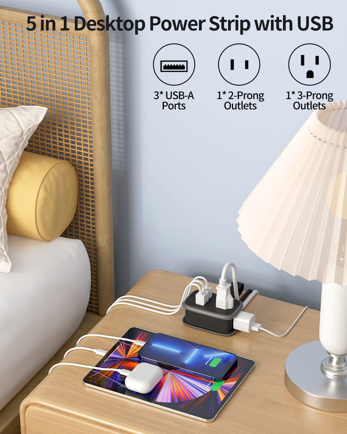 2 Pack Travel Power Strip, NTONPOWER Portable Flat Plug Power Strip with 2 Outlets 3 USB Ports, Wrapped Extension Cord 3 ft, Cruise Approved, Compact Size for Home Office Hotel, Travel Essentials