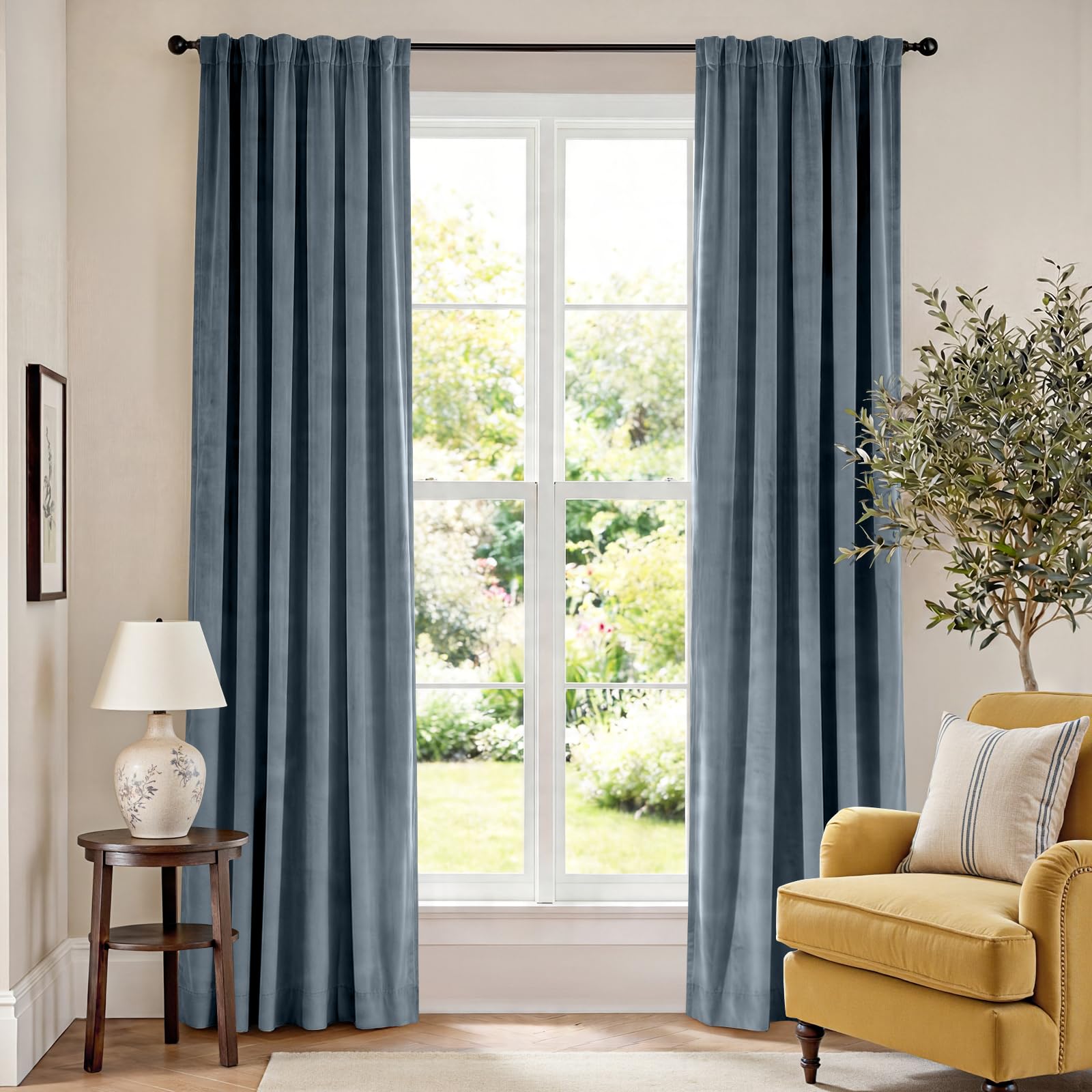 Lazzzy Velvet Blackout Curtains, Rod Pocket, Dark Slate, 52in W x 84in L, 2 Panels