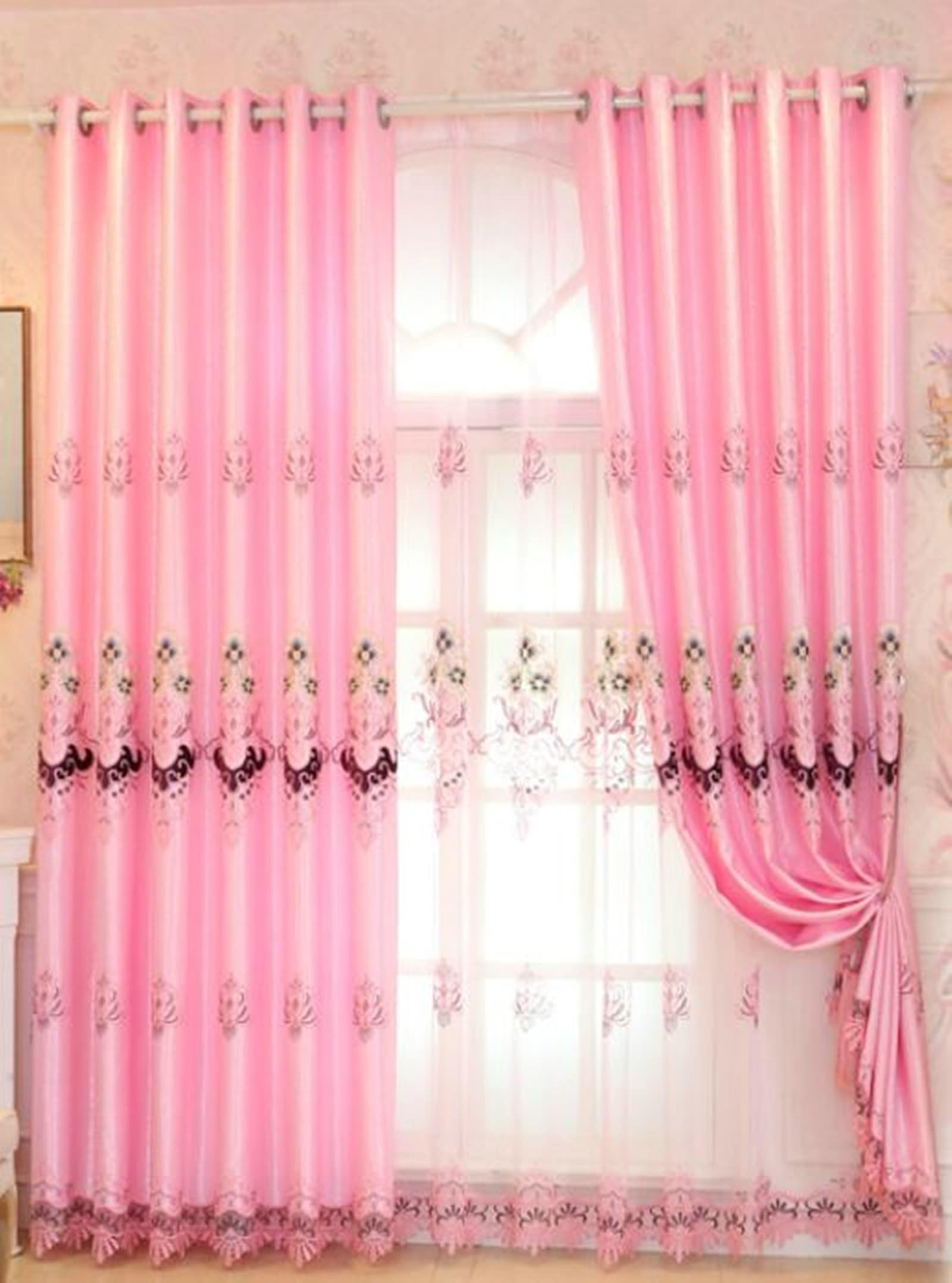 Wycian Tenda per finestre 96 pollici rosa oscurante 2 confezioni poliestere floreale ricamato 107 x 244 cm