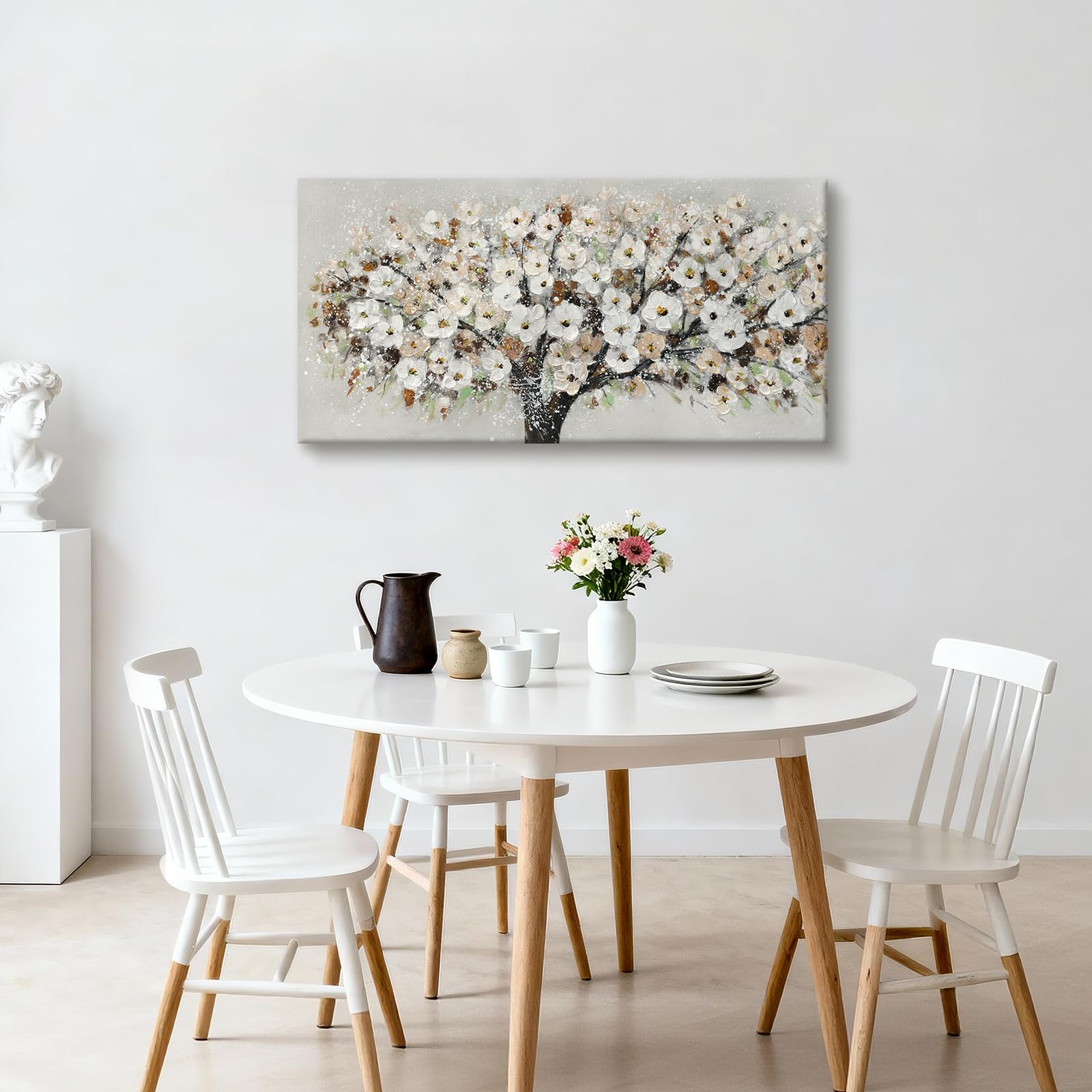 WENGTIAO Grande Albero Floreale Quadro Dipinto a Mano, Pittura Acrilica, Quadri Moderni Astratta con Texture, Quadro Fiori Bianco su Tela per Soggiorno Decorazioni Parete 120x60 cm