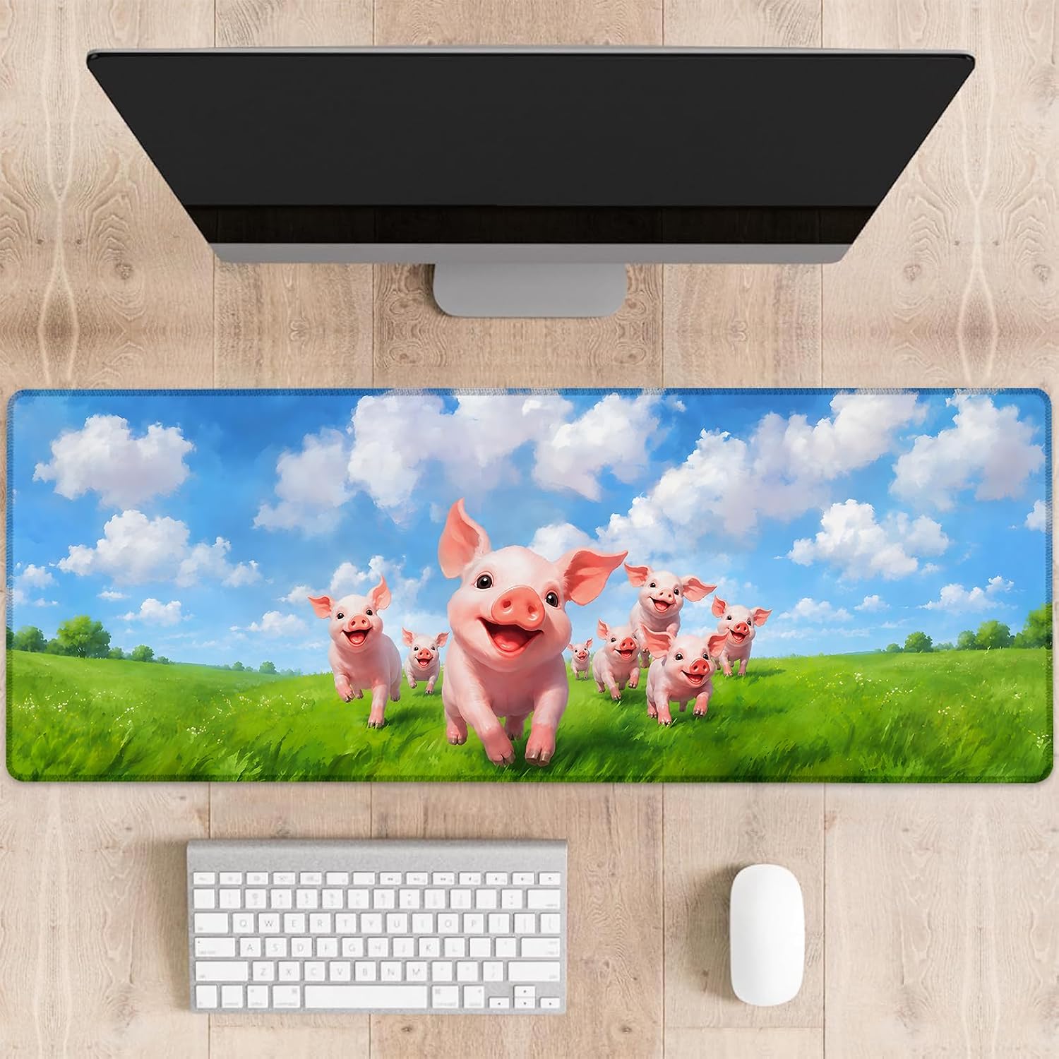 Happy Pig Meadow Mouse Pad,Blue Sky Cloud Non Slip Rubber Base Mousepads,Desktop Decor for Laptop Gifts,Cute Cartoon Office Supplies Accessories,31.5x11.8x0.12 inches Large Desk Mat