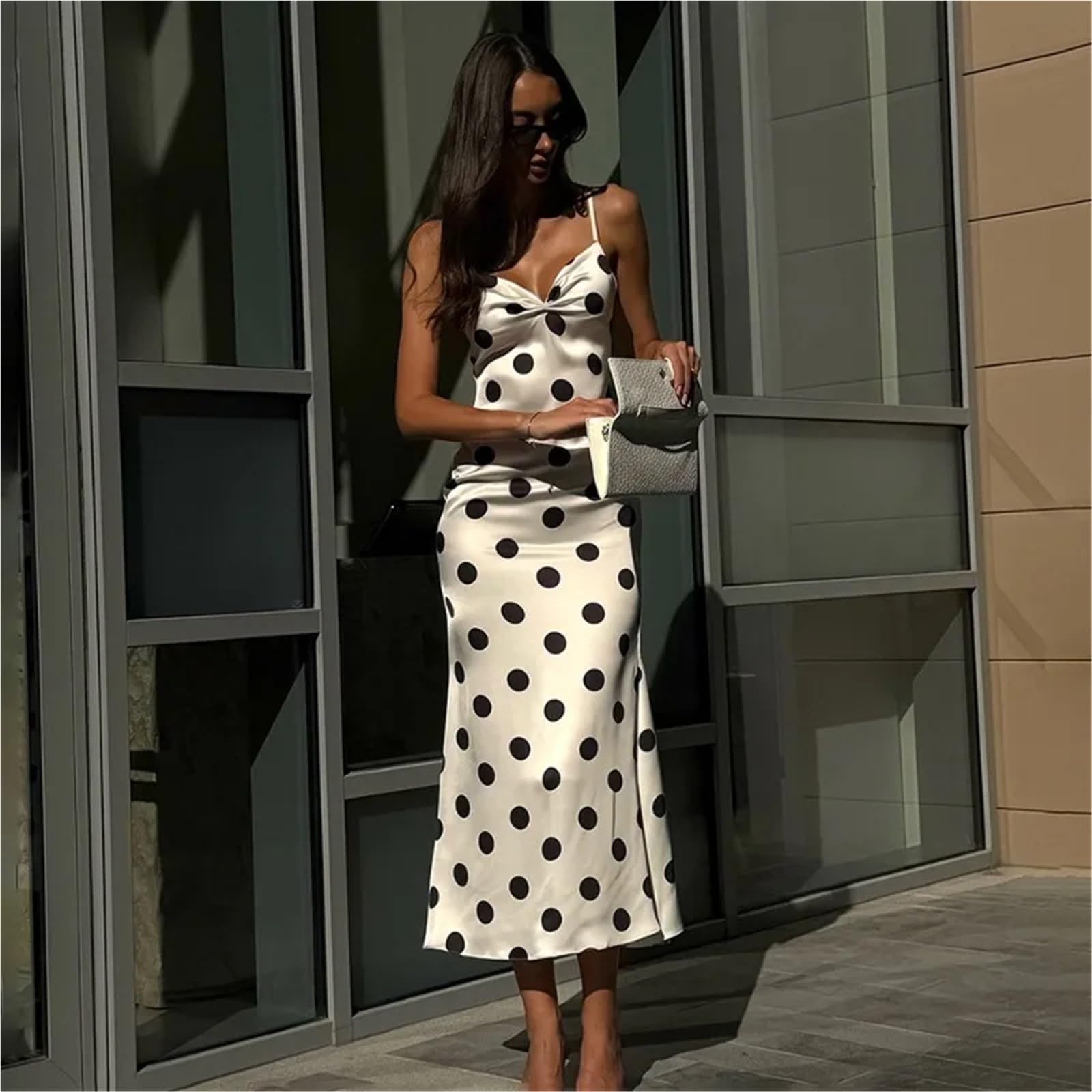 Vestido de Playa Blanco Maxi Mujer Sexy Cuello en V Estampado Patchwork Delgado Verano Elegante Fiesta Casual