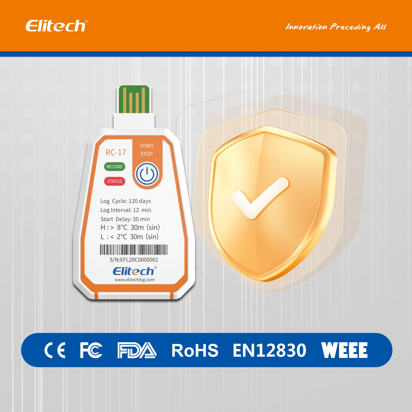 Elitech RC-17 - Grabador de temperatura USB de uso único, grabación de 120 días para cadena de frío para alimentos medicamentos vacunas, función alarma, impermeable IP67, auto PDF