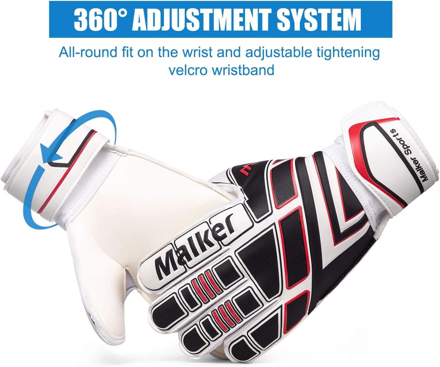 Malker Soccer Goalie Gloves Goalkeeper Gloves with Fingersave and Double Wrist Protection, Strong Grip Goalkeeper Gloves for Kids, Youth, Adults