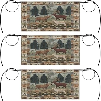 3 Pack Server Apron Rustic Forest Patchwork Deer Bear Tree Waitress Aprons with 3 Pockets Oil Stain Resistant Short Waiter Waist Aprons for Women Men Restaurant Cafes Bars Home