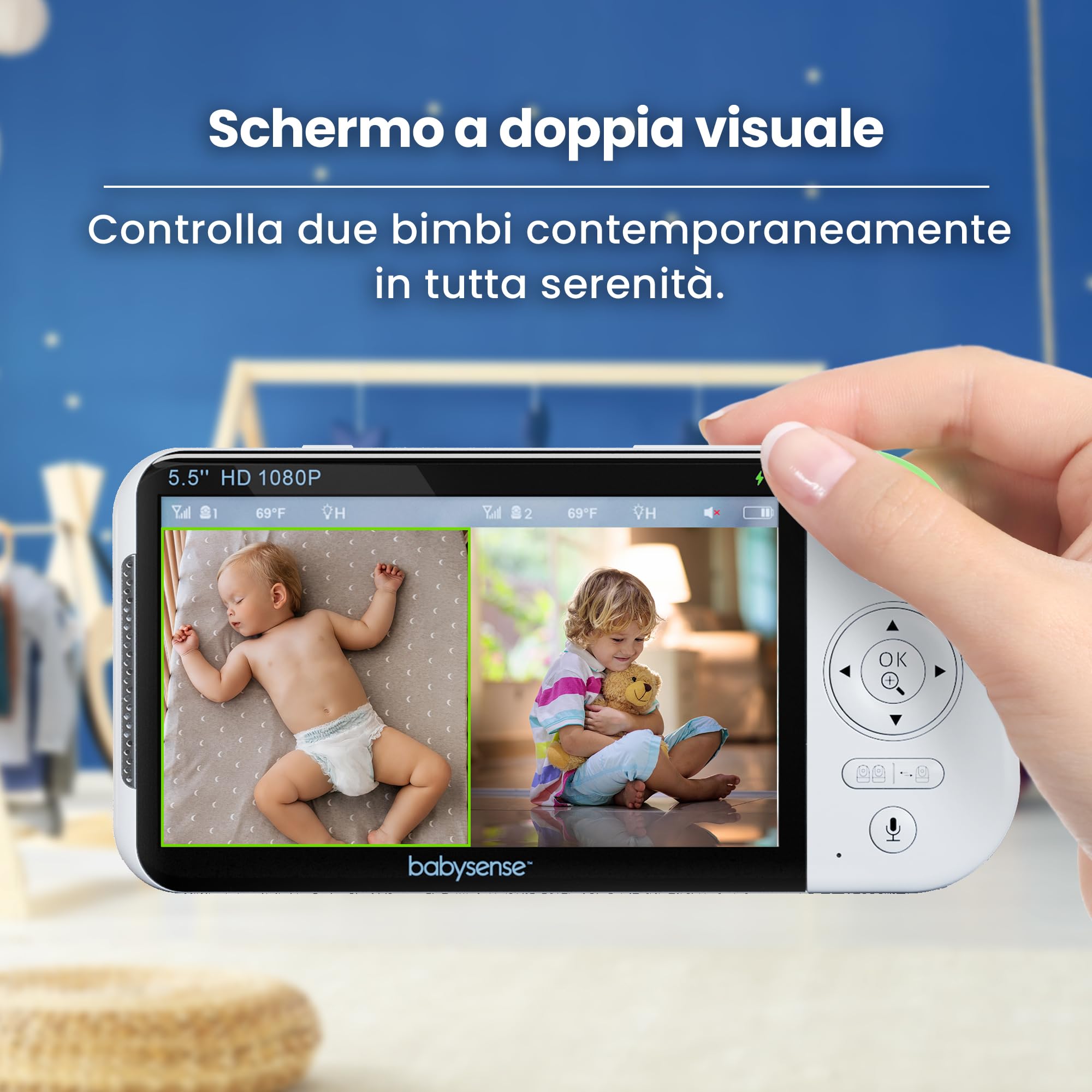 Babysense Babyphone Full HD con schermo diviso a 2 camere, luce notturna a 6 colori, rilevatore di rumori e luci, batteria da 20 ore, connessione sicura senza WLAN