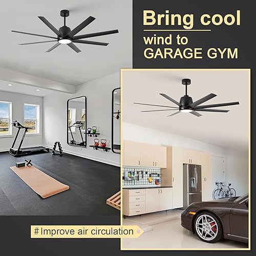 Miniatura 7 de Ventilador de techo grande negro de 65 pulgadas con luces, control remoto de 8 aspas, luz de ventilador de exterior para patio, luz LED grande para