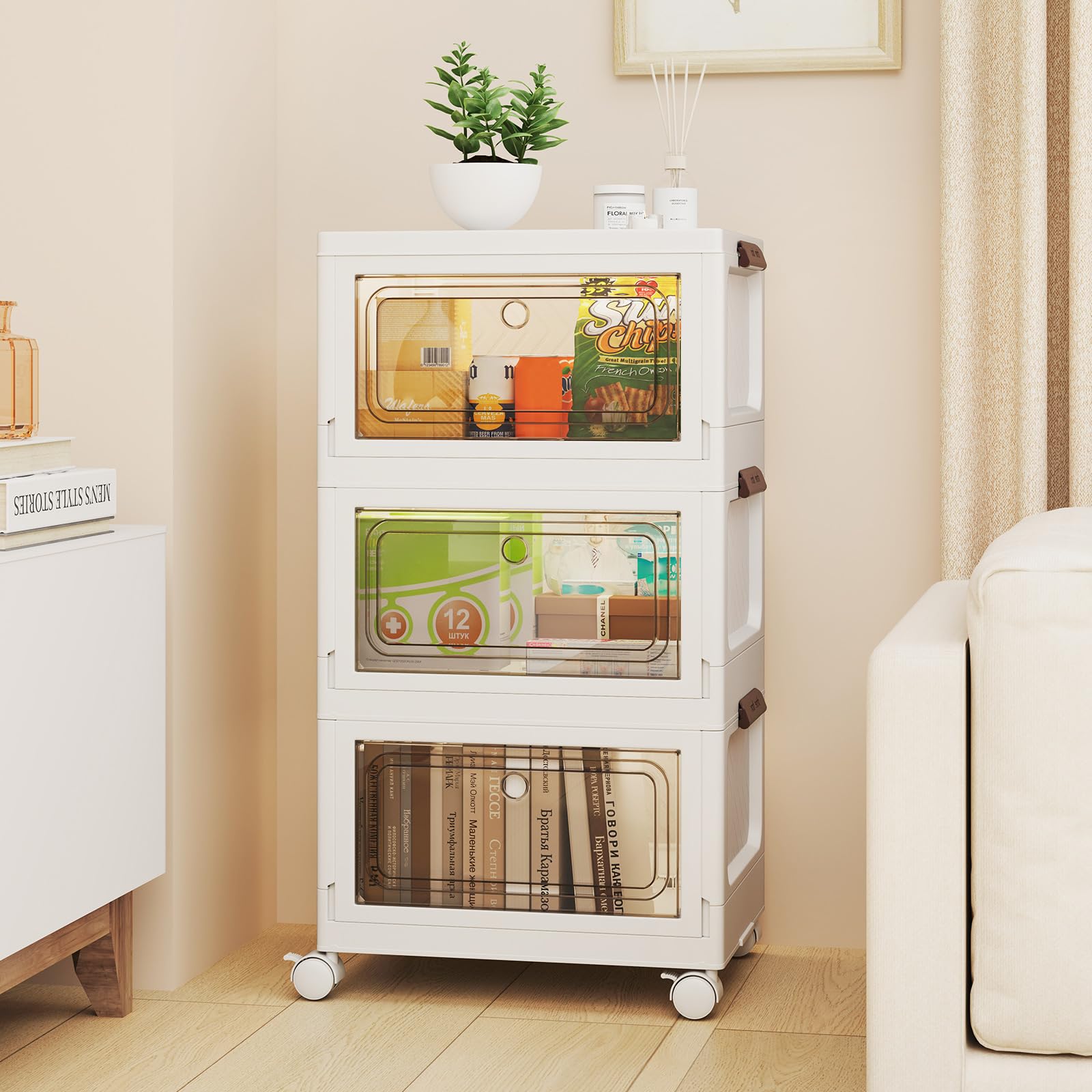 COSTWAY Boîtes Rangement Plastique 75/105 L, Caisses Pliables avec Roues, Porte et Couvercle, Poignée Anneaux, Porte Magnétique, Rangement Vetement, Livres, Jouets (75 L)