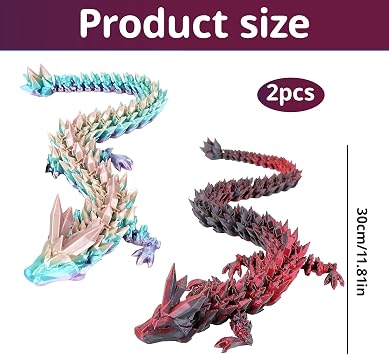 2PCS 3D Dragon, 3D Printed Dragon Large, 30cm Laser Black Red and Rainbow Oscillatory Joint Dragon Fun Stress-Reliever Decoration Office Desk Car Interior Decoration Birthday Gifts