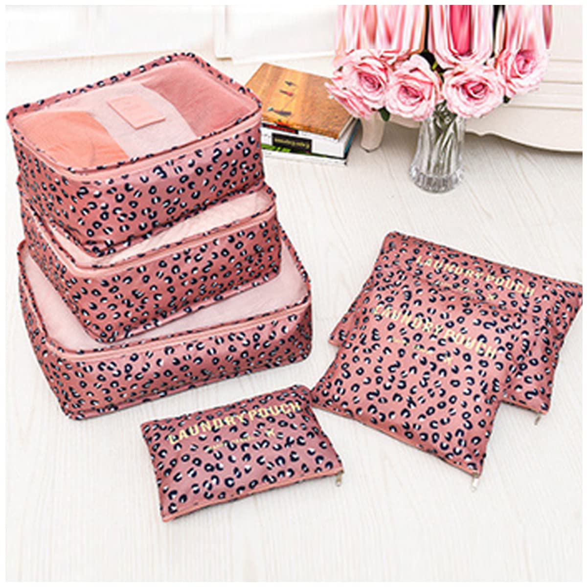 6 Set Packing Cubes,Multi-functional Clothing Sorting Packages,Travel Carry On Luggage Organizers Storage Bags,Travel Packing Pouches (Leopard Pink)