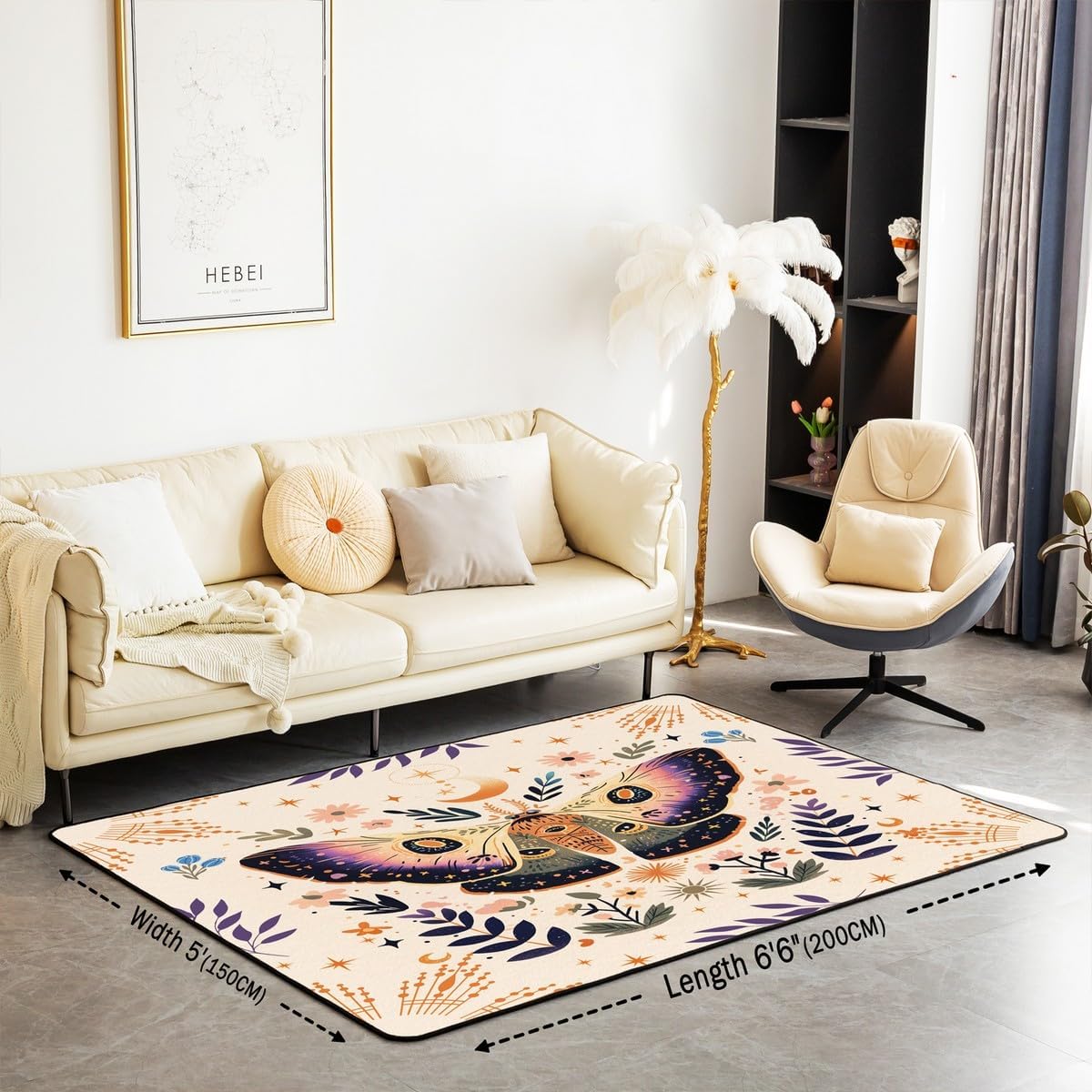 Feelyou Boys Girls Death Moth Area Rug 5x7 Boho Moth Living Room Rugs for Bedroom Kids West Gothic Decorative Carpet Rug Bohemian Halloween Teens Indoor Floor Mat Accent Rug