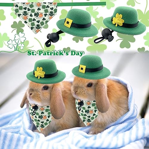 Miniatura 6 de CooShou Sombreros y bandanas para el Día de San Patricio, 4 piezas, sombrero de bolero de conejo con decoración de trébol, conejo, hámster, bandana