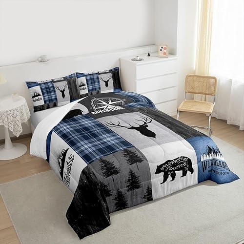 Miniatura 6 de Juego de edredón para niños, diseño de oso de ciervo, astas, juego de ropa de cama de aventura de caza para niños, niñas, adultos, decoración de