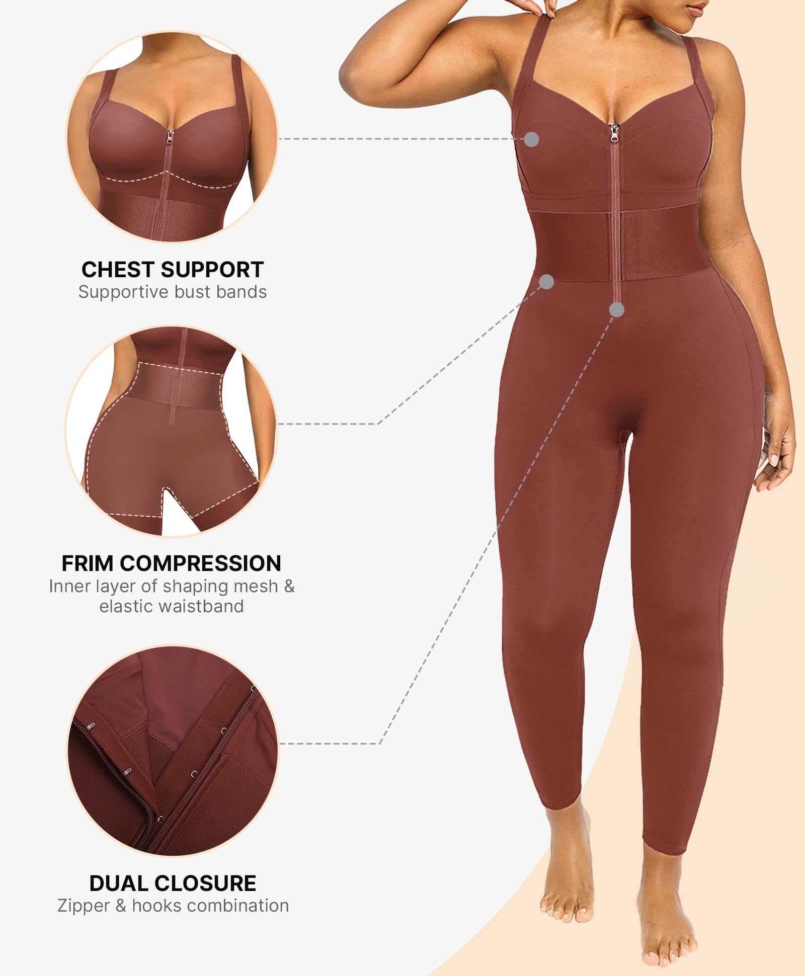 SHAPELLX Jumpsuits for Women Tummy Control One Piece Outfit Yoga Athletic Rompers Sleeveless Bodycon Shapewear: Brown X-Large