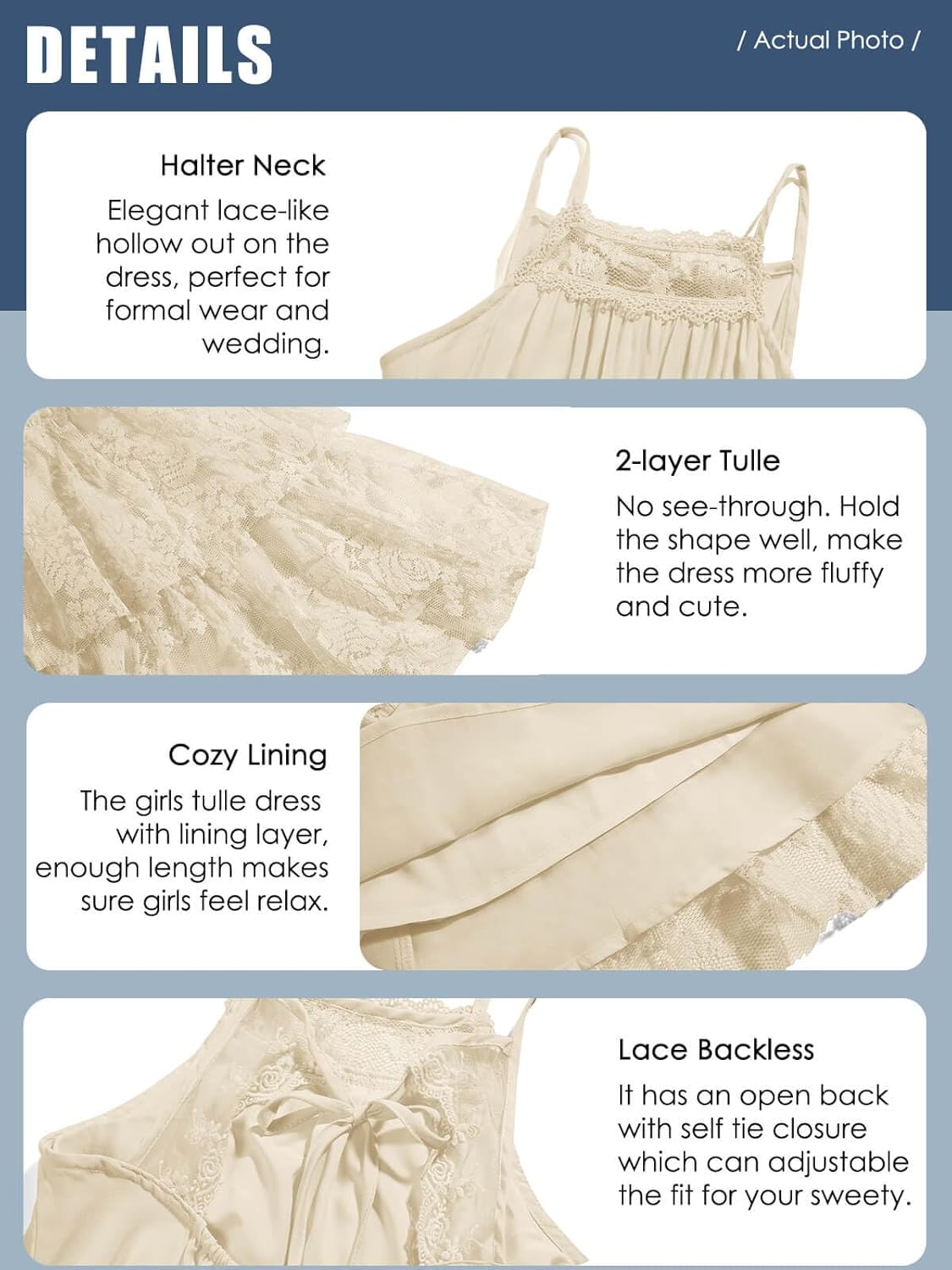 Batermoon Girls Lace Backless Tulle Dress Halter Neck Boho Flower Girl Sleeveless Ruffle Swing Party Dress - Image 5