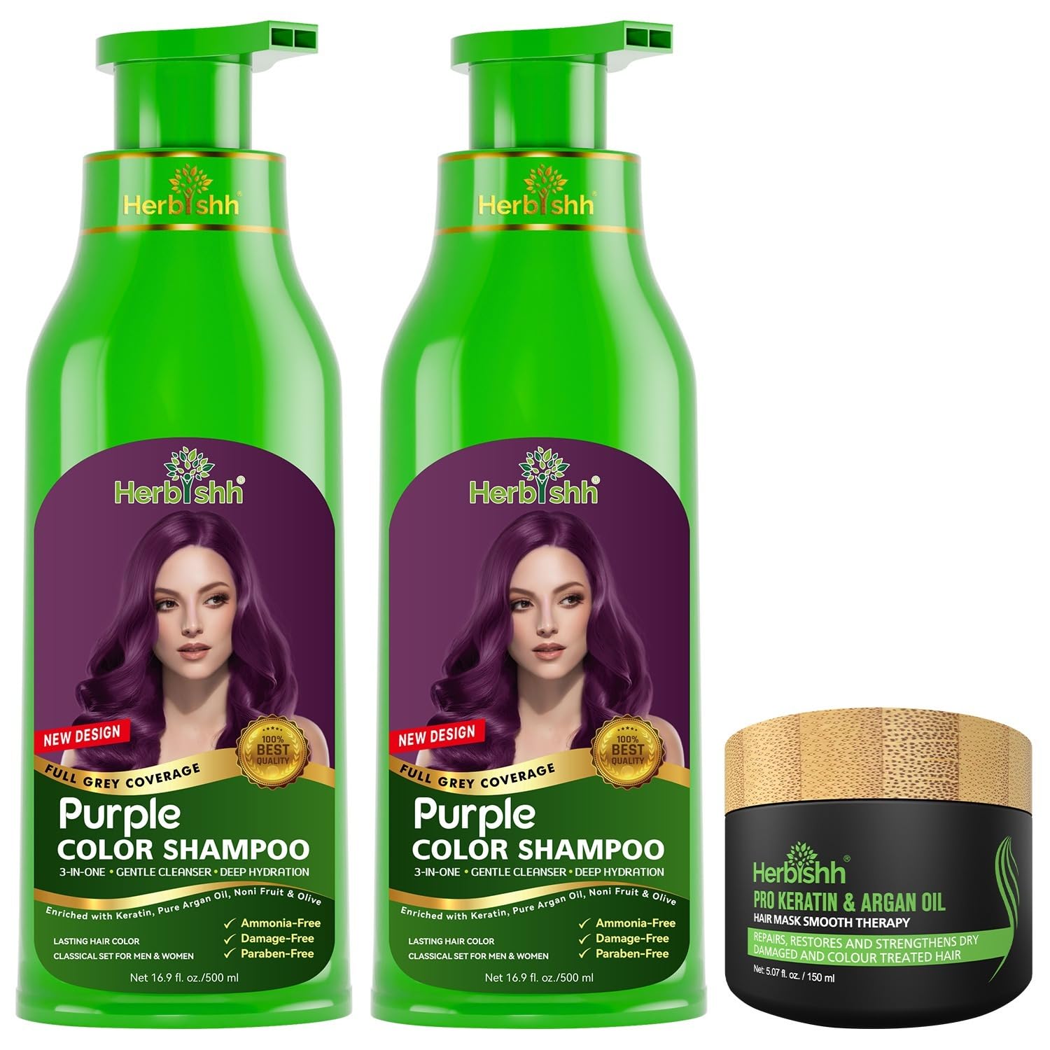 Paquete combinado: 2 champús Herbishh para color de cabello para cabello gris + 1 mascarilla capilar intensa de argán, champú para teñir el cabello, 500 ml (púrpura)