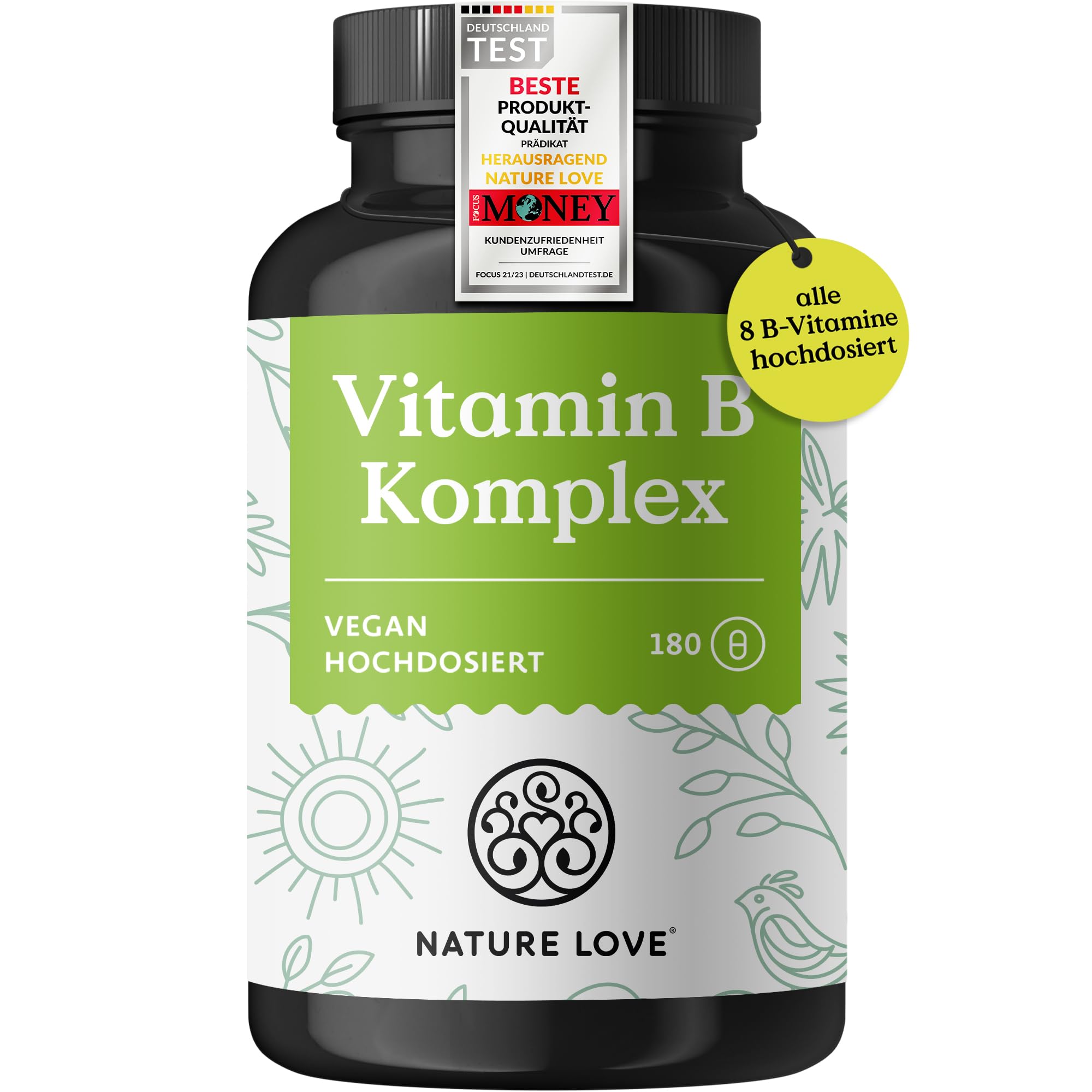 NATURE LOVE® Vitamin B Komplex – Hochdosiert: Mit 500 µg Vitamin B12 – 180 Kapseln (6 Monate) – alle 8 B-Vitamine (B1, B2, B3, B5, B6, B7, B9, B12) – vegan, laborgeprüft und in Deutschland produziert