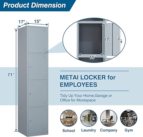 Miniatura 3 de Armario de metal con 4 puertas, armario de almacenamiento de casillero de 71 pulgadas para empleados, armario de acero de 4 niveles con cerradura y