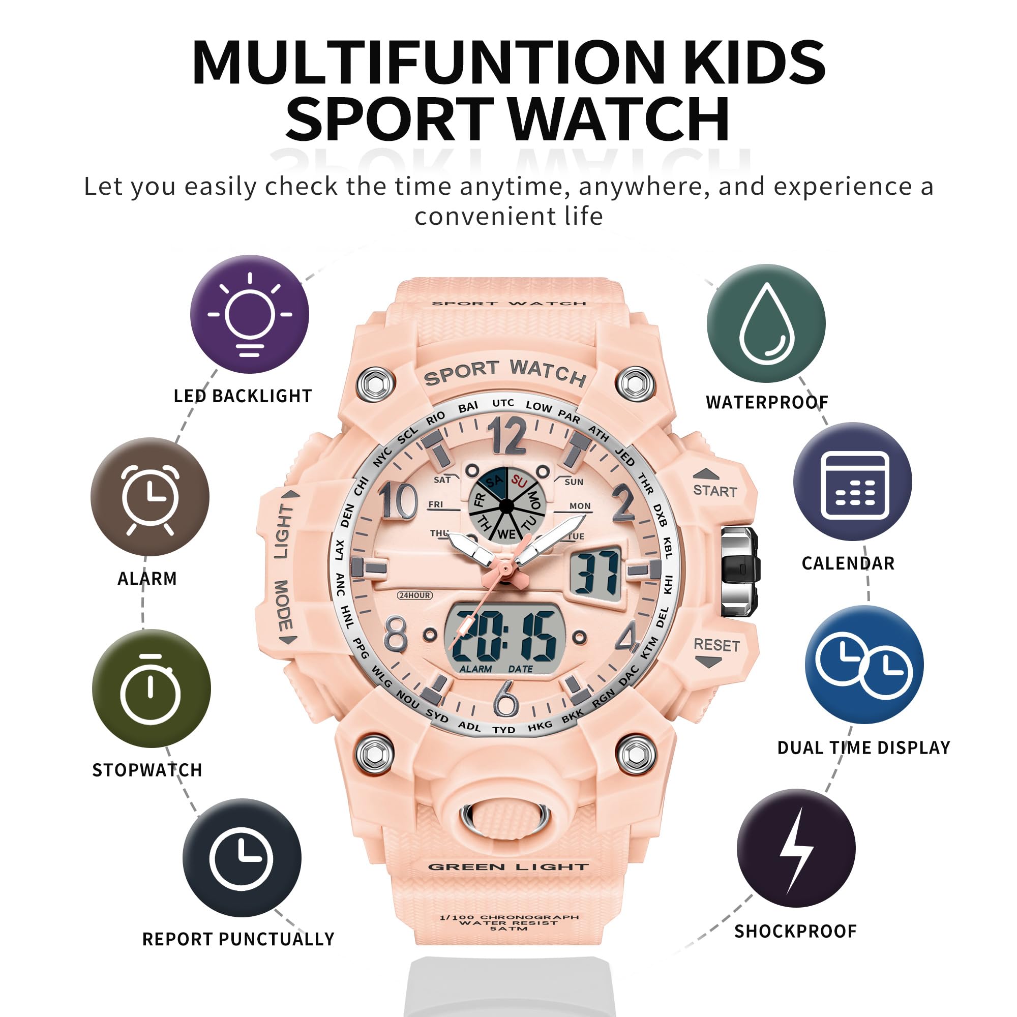 findtime Montre-bracelet numérique pour femme - Étanche jusqu'à 5 ATM - Montre militaire - Montre numérique pour garçons et filles - Montre de sport analogique numérique LED multifonction avec réveil
