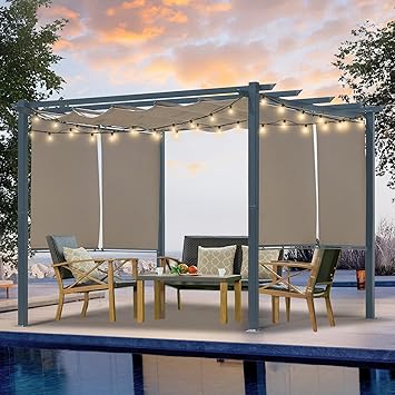 10 x 10 Ft Outdoor Aluminum Pergola, Retractable Canopy & 2 Sides Shades for Patio Backyard Garden Deck