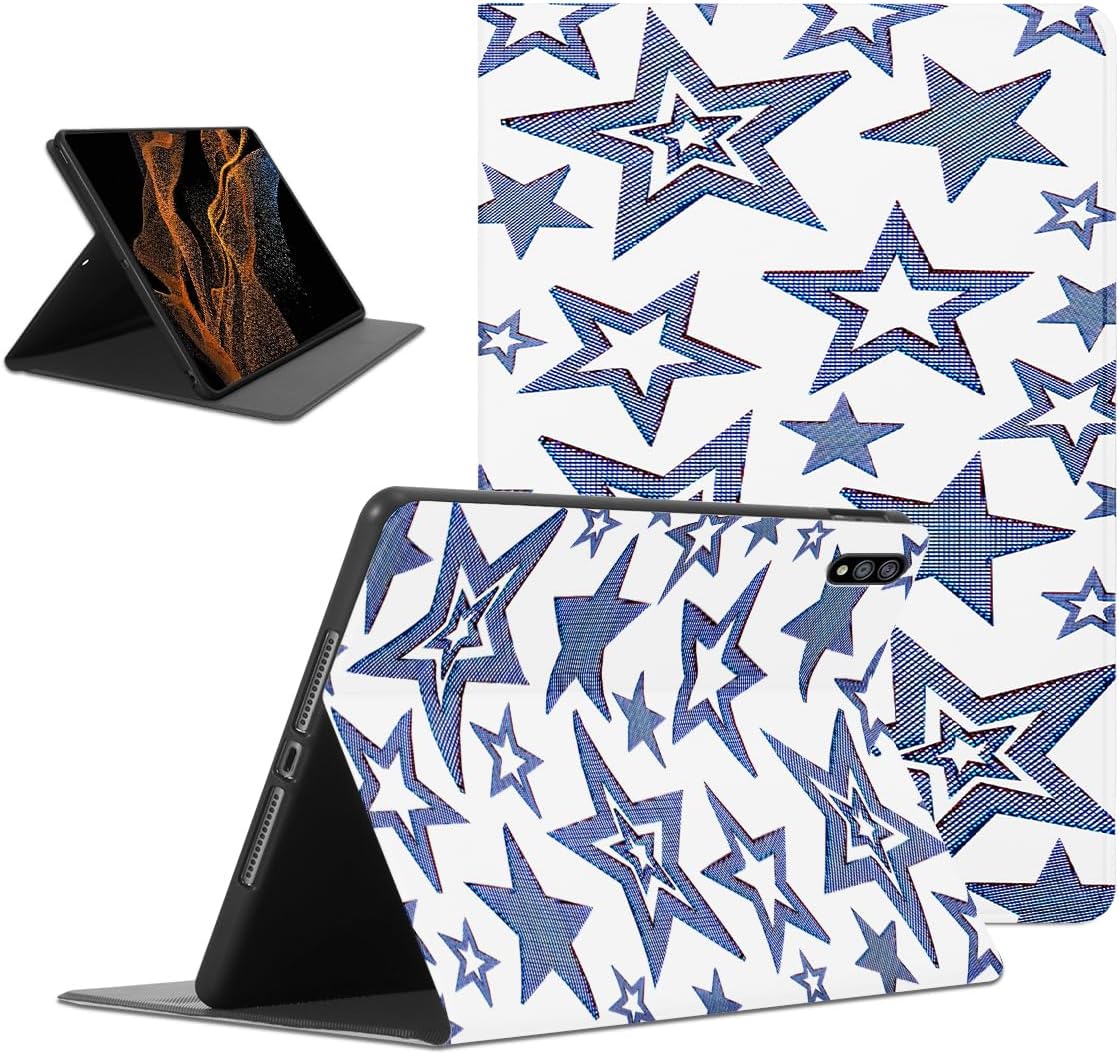 Y2K Blue Star Tablet Case for Samsung Galaxy Tab S9 11" SM-X710/X716B,Kawaii Star Pattern Cases for Kids Boys Girls,Cool Protective White Tablet Cover Flip PU Leather Stand Funda