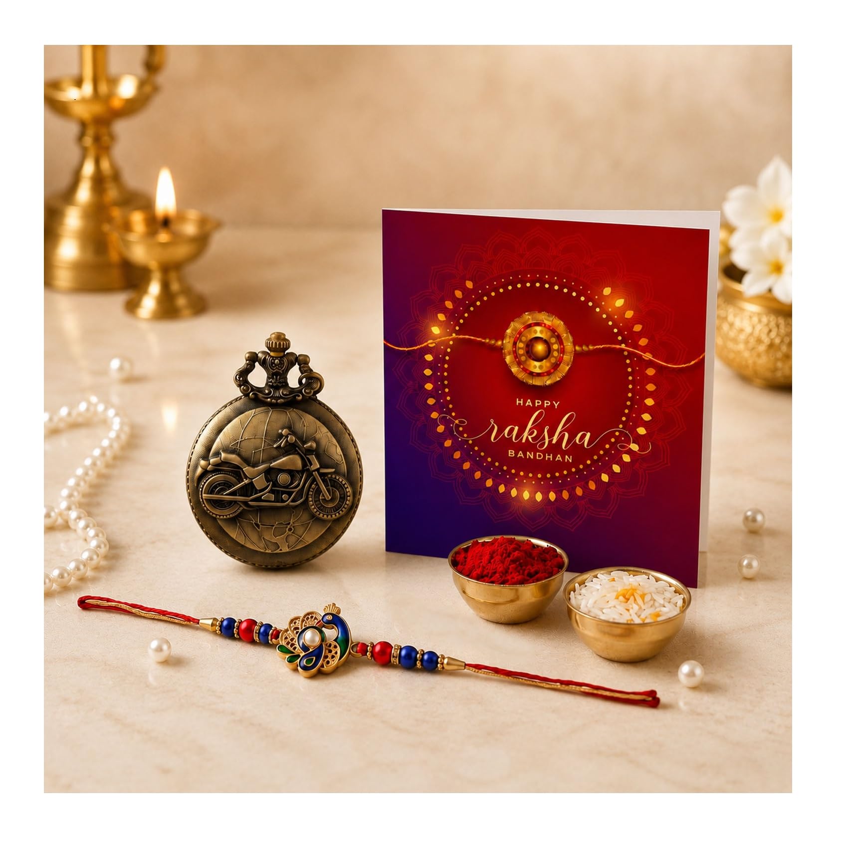 exciting lives Rakhi Hamper for Brother – Vintage Metal Bike Design Pocket Watch with Designer Rakhi, Greeting Card & Roli Chawal Set, Raksha Bandhan Gift Combo for Bhai, Brother-in-Law, Cousin Brother, Bro-picture-3
