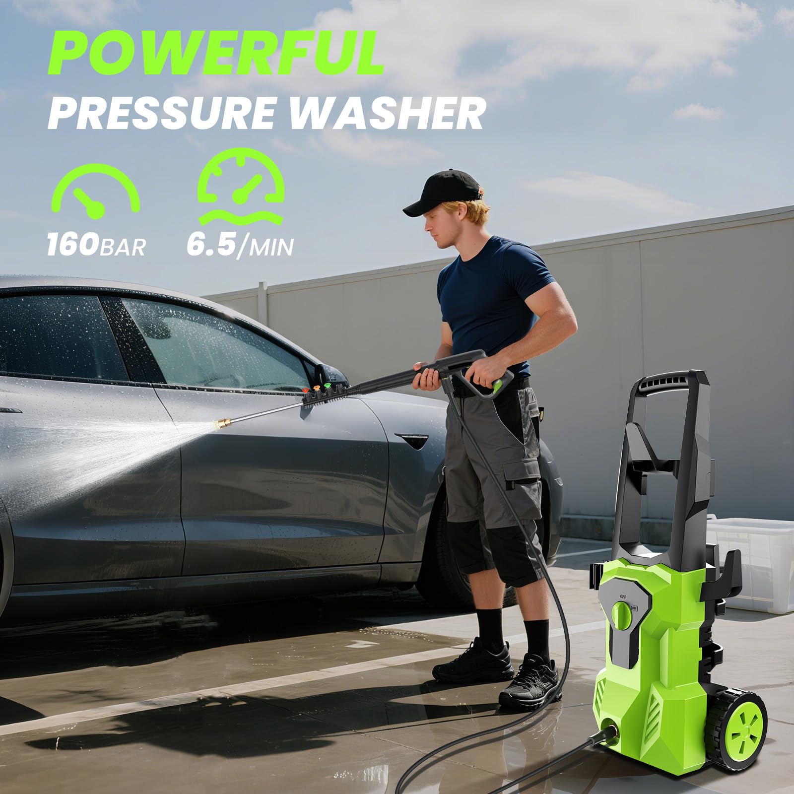 Hidrolimpiadora, Máx. 160 Bar, Caudal: 540 L/H, Hidrolimpiadora De 2000W con Pistola Pulverizadora, Manguera De 8 m, Pistola Pulverizadora, Filtro, Cepillo Giratorio, Lavado a presión