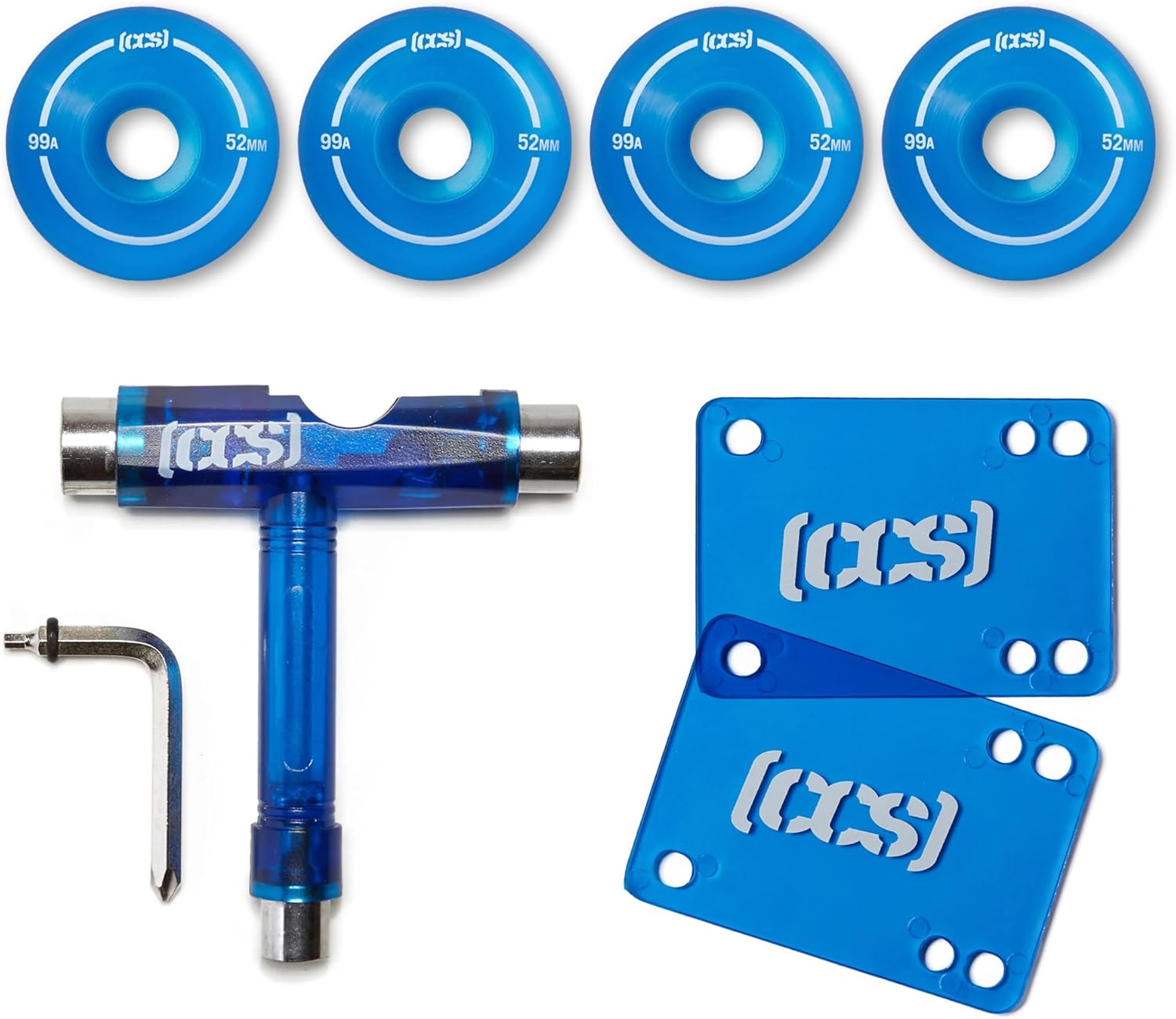 [CCS] Clear Skateboard Wheels Bundle | Professional Grade | Polyurethane | Size 52mm | 99A Durometer | 1/8" Riser Pads & Skate Tool Included (Blue)