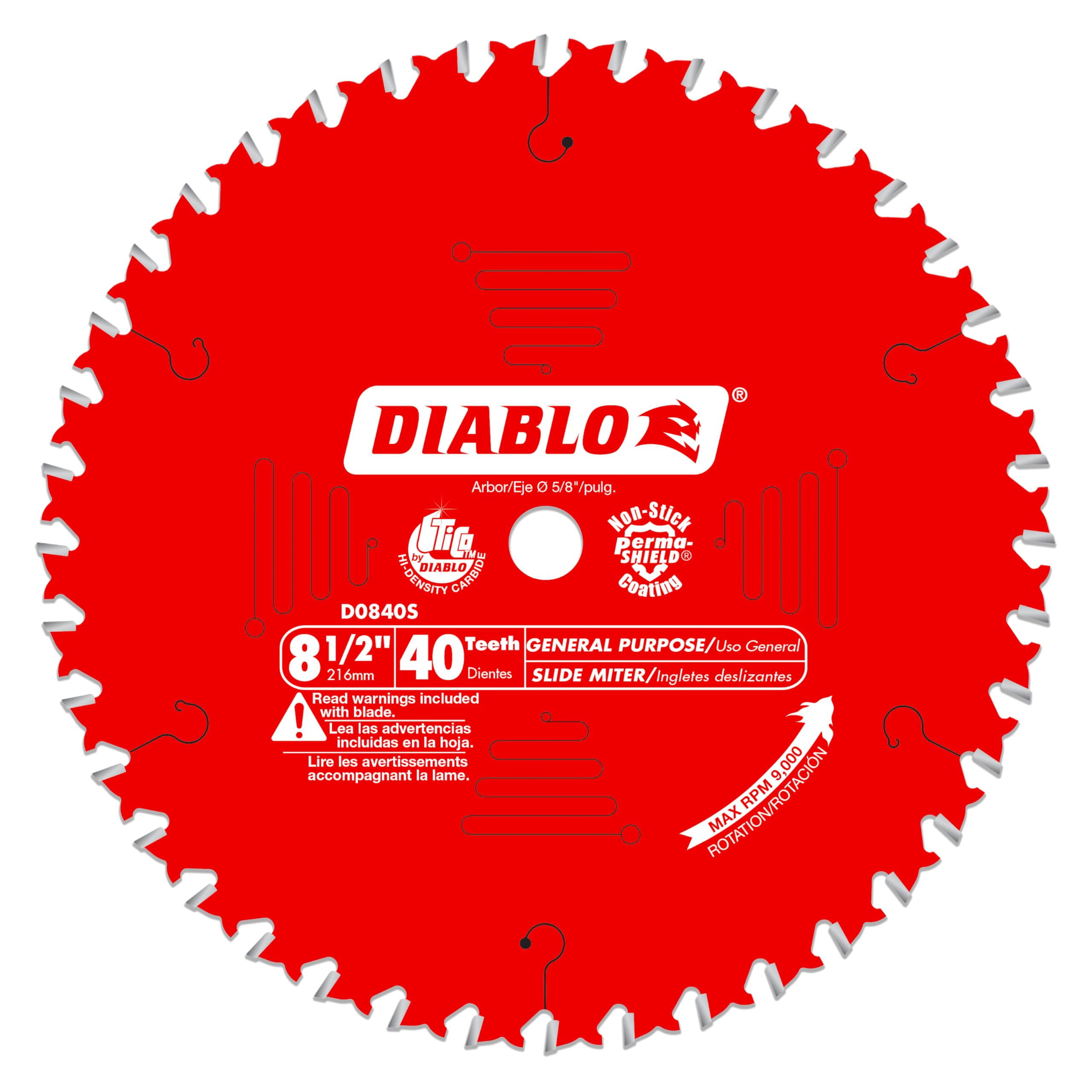 Diablo General Purpose Saw Blade for Wood - 8-1/2" Diameter, 40 ATB Teeth, 5/8" Arbor, .094" Kerf, 15° Hook Angle, .063" Plate, 9000 Max RPM - D0840S