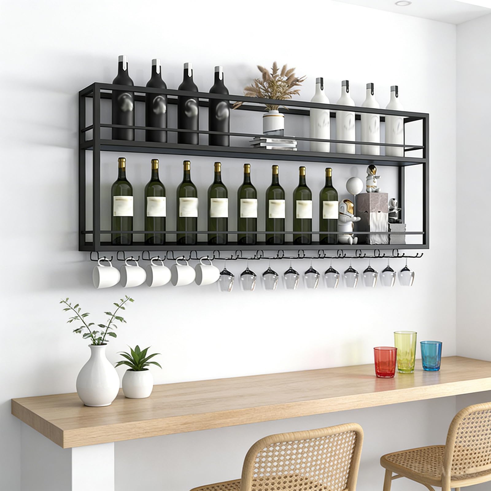 Botellero de Pared Industrial, Estante de Vino Decorativo con Portavasos para Copas, Soporte Para Botellas de Metal, Estante Multi Funcional para Vino para Hogar Bar Comedor Cocina (140×20×65cm)