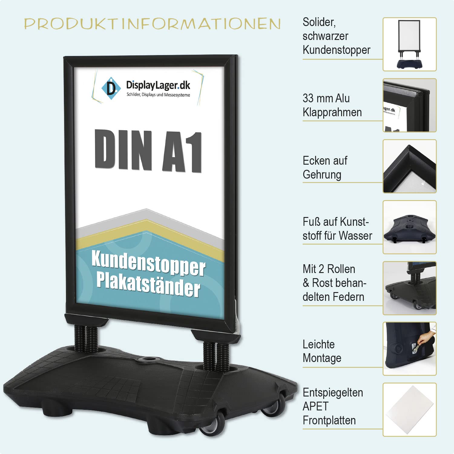 DisplayLager Kundenstopper Doppelfederung Model Wind-Pro | Für DIN A1 594x841 mm. Robuster Wetterfester Plakataufsteller. Standgewicht für hohe Windgeschwindigkeiten und Rollen (A1, Schwarz)