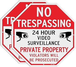 T&R Large No Trespassing Private Property Sign Video Surveillance Sign - 2 Pack - 12"x12" .040 Rust Free Heavy Aluminum, Reflective, Waterproof, Weatherproof and Fade Resistant, 4 pre-drilled holes, Easy to Mount