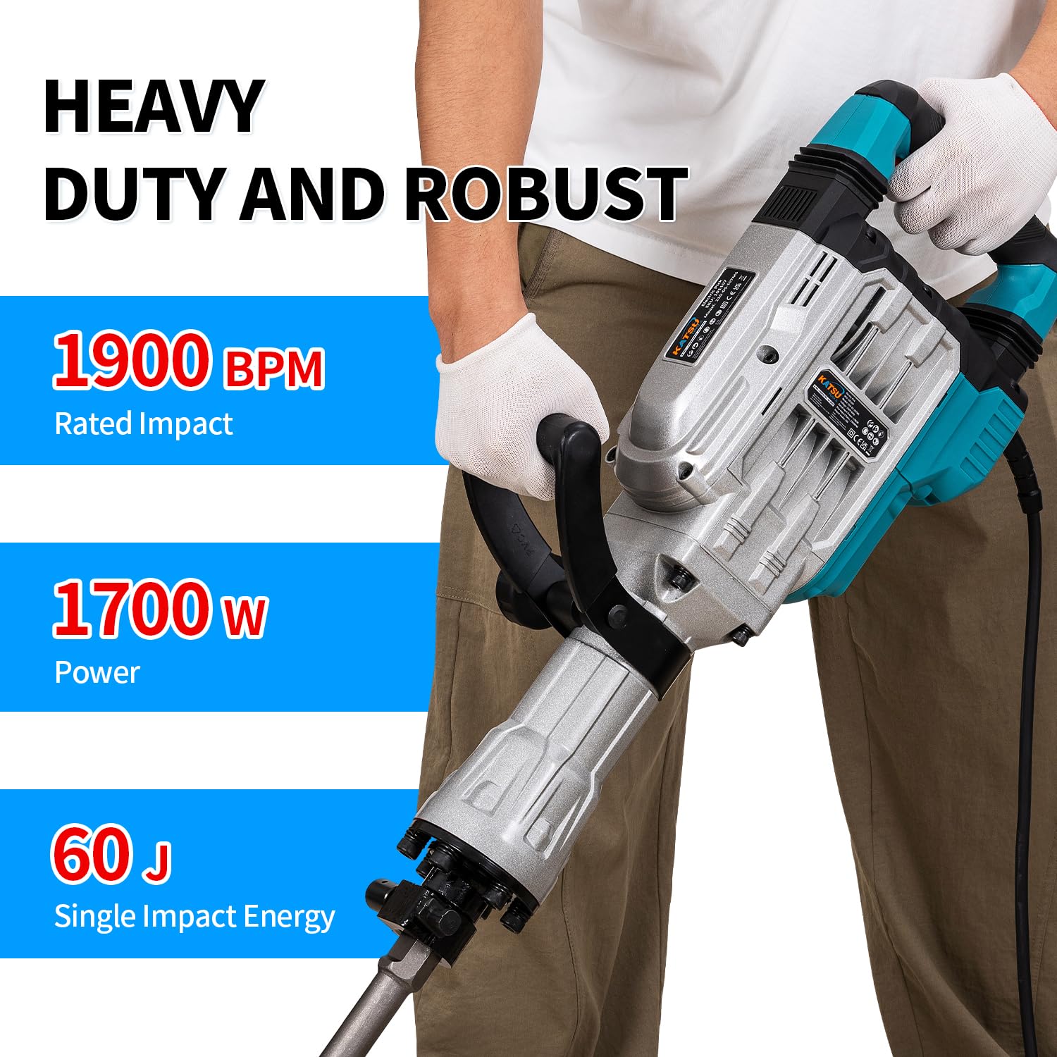 KATSU Tools Martillo Demoledor de 1700W, Fuerza de Impacto de 60J, 1900bpm, Antivibración, Mango Lateral Multiposición, Cinceles Puntero y Plano, Maletín de Transporte, Modelo 101107
