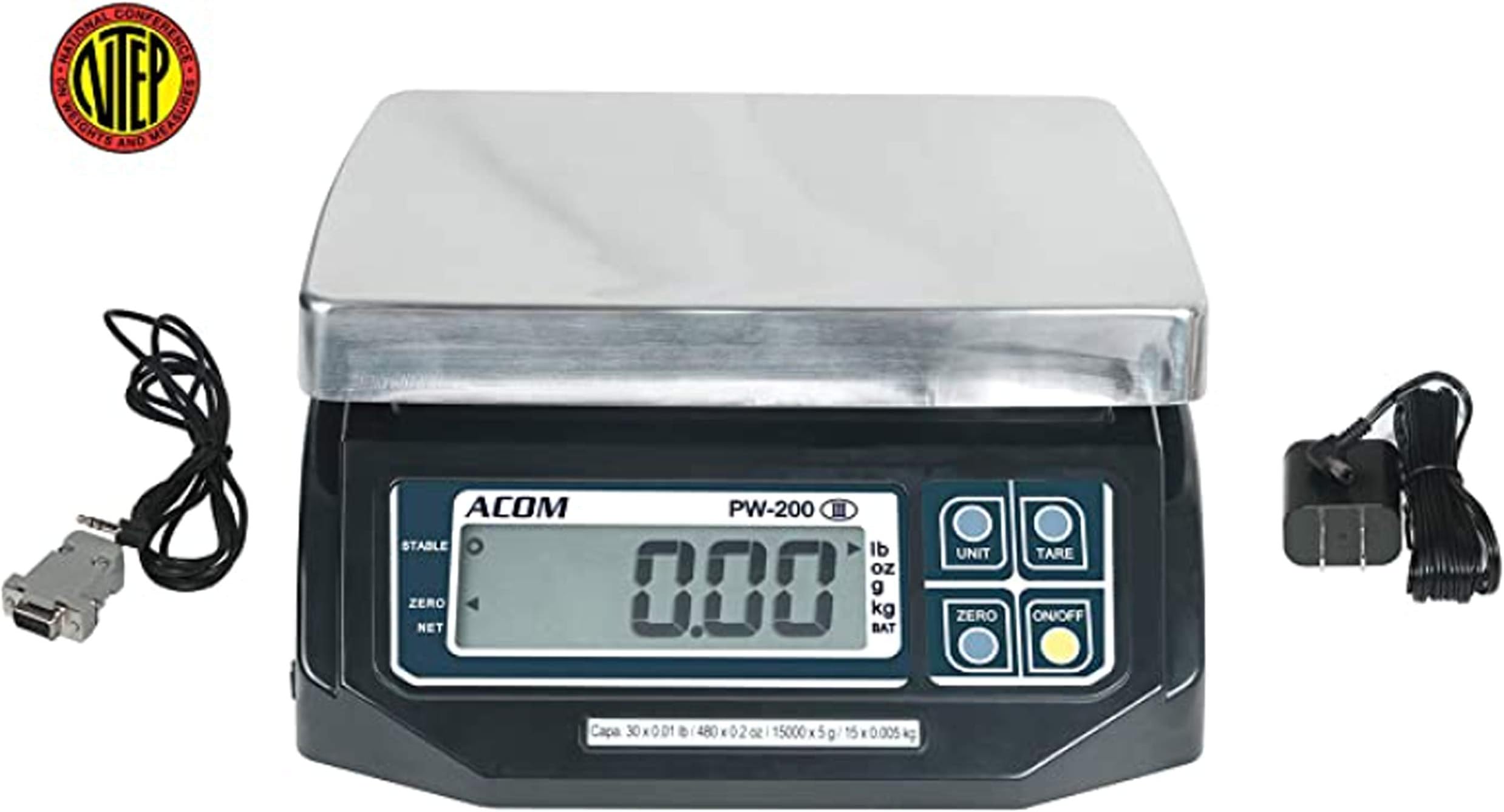 VisionTechShop ACOM PW-200RS POS Interface Portion Scale with Most ECR's and POS Systems, Lb/Oz/Kg/g Switchable, 30lb Capacity, 0.01lb Readability, Dual Display, NTEP Legal for Trade COC #18-060A1