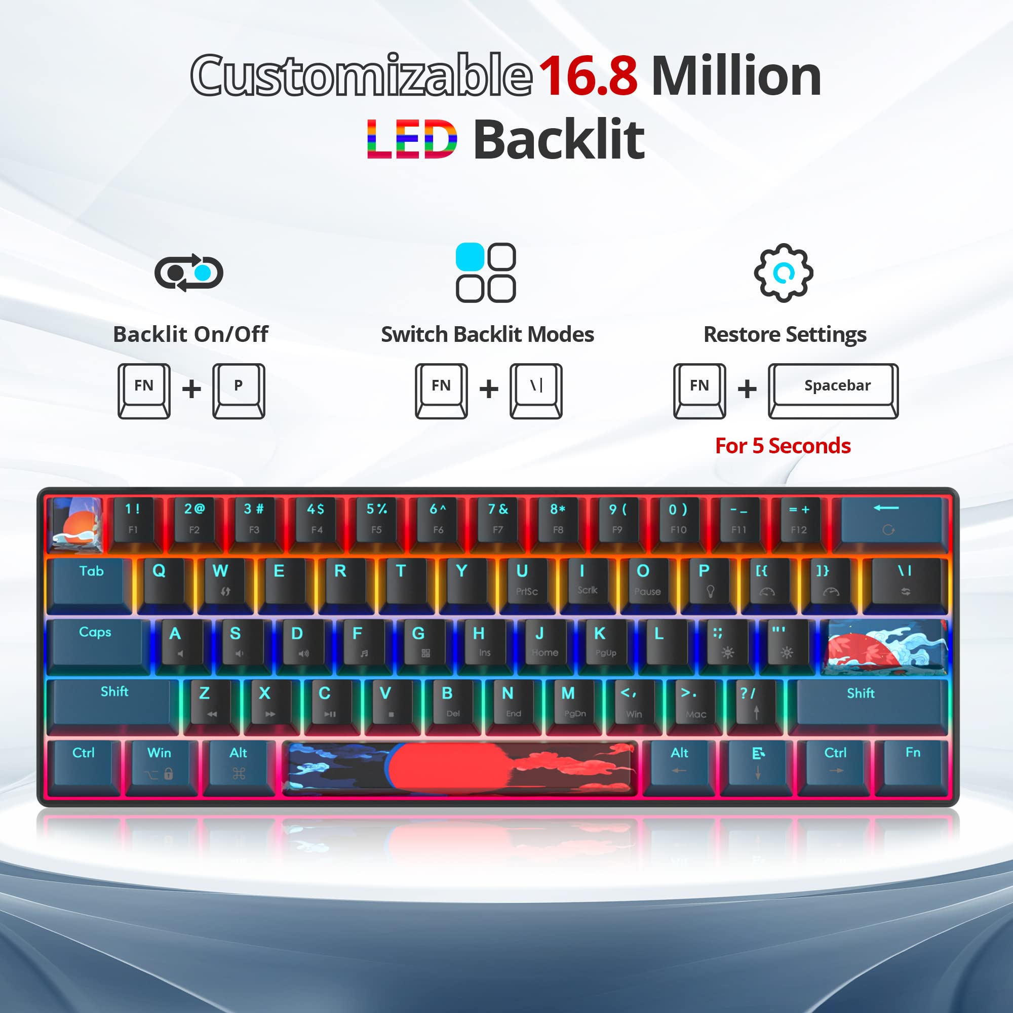 Protable 60% mieszana, lekka tęczowa klawiatura do gier, mechaniczna, mini kompaktowa, 61 klawiszy, przewodowa klawiatura biurowa z czerwonym przełącznikiem, do Mac/Win/PS4/PS5/Xbox (Monstor