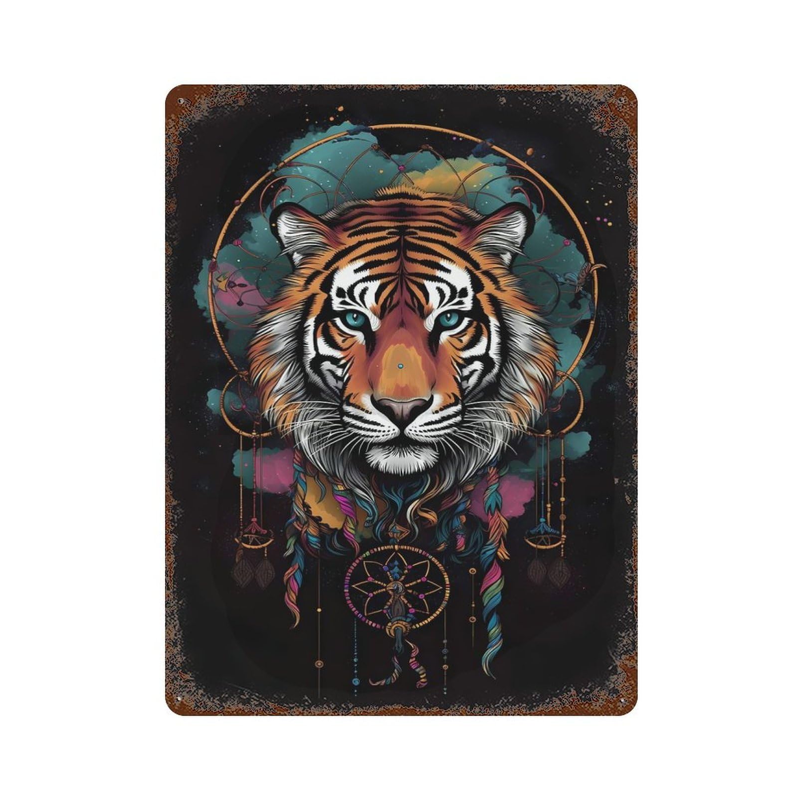 Dreamcatcher Mandala Tiger Rusty Metal Tin Sign 15.7"x11.8", for Shed, Workshop And Garage Wall Decor, Shabby Chic Decor