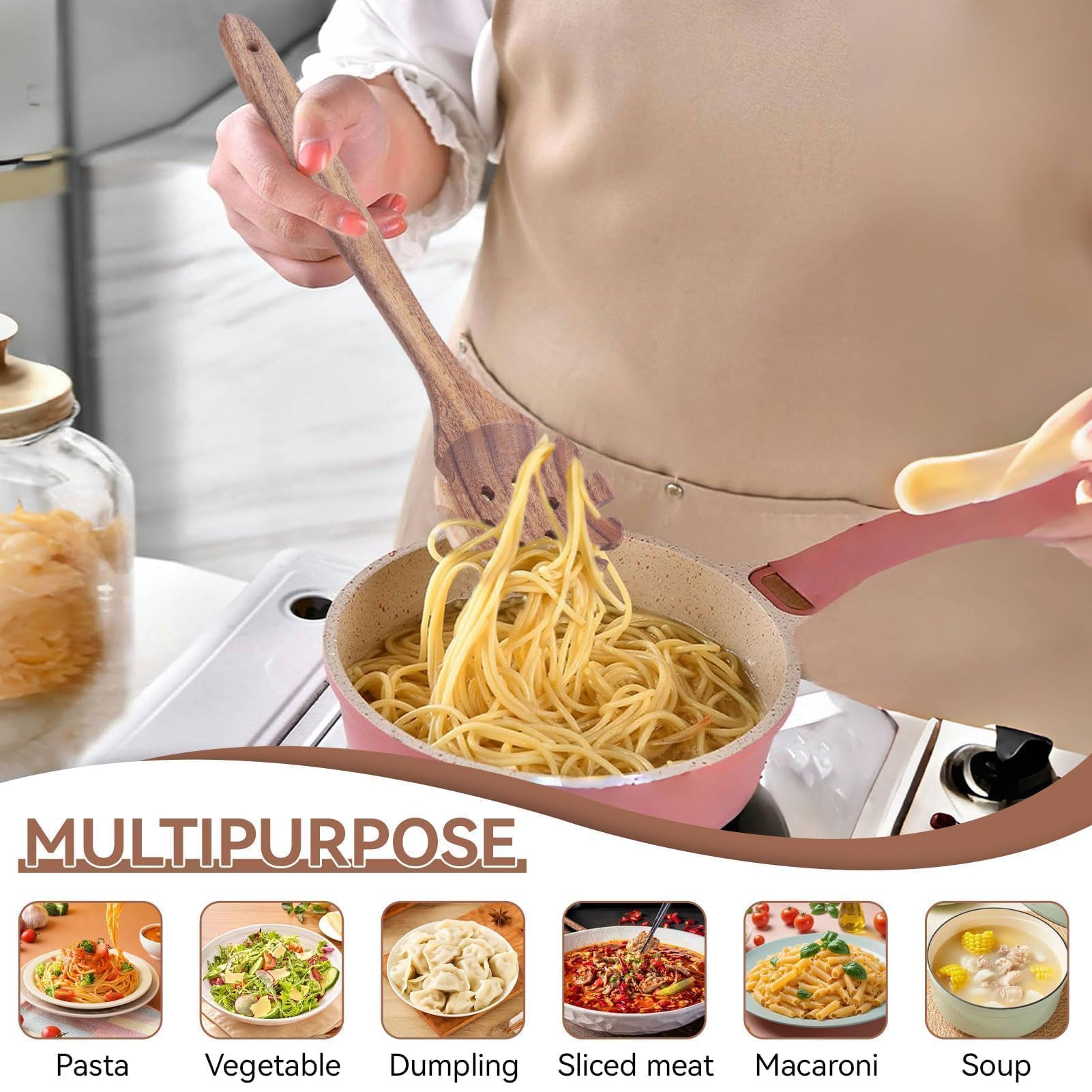2Pcs Forchetta per Pasta in Legno, Cucchiaio per Pasta Server Cucchiaio per Spaghetti con Denti Cucchiaio per Pasta con Intaglio Cucchiaio per Sollevamento Pasta per Scolapasta per Spaghetti