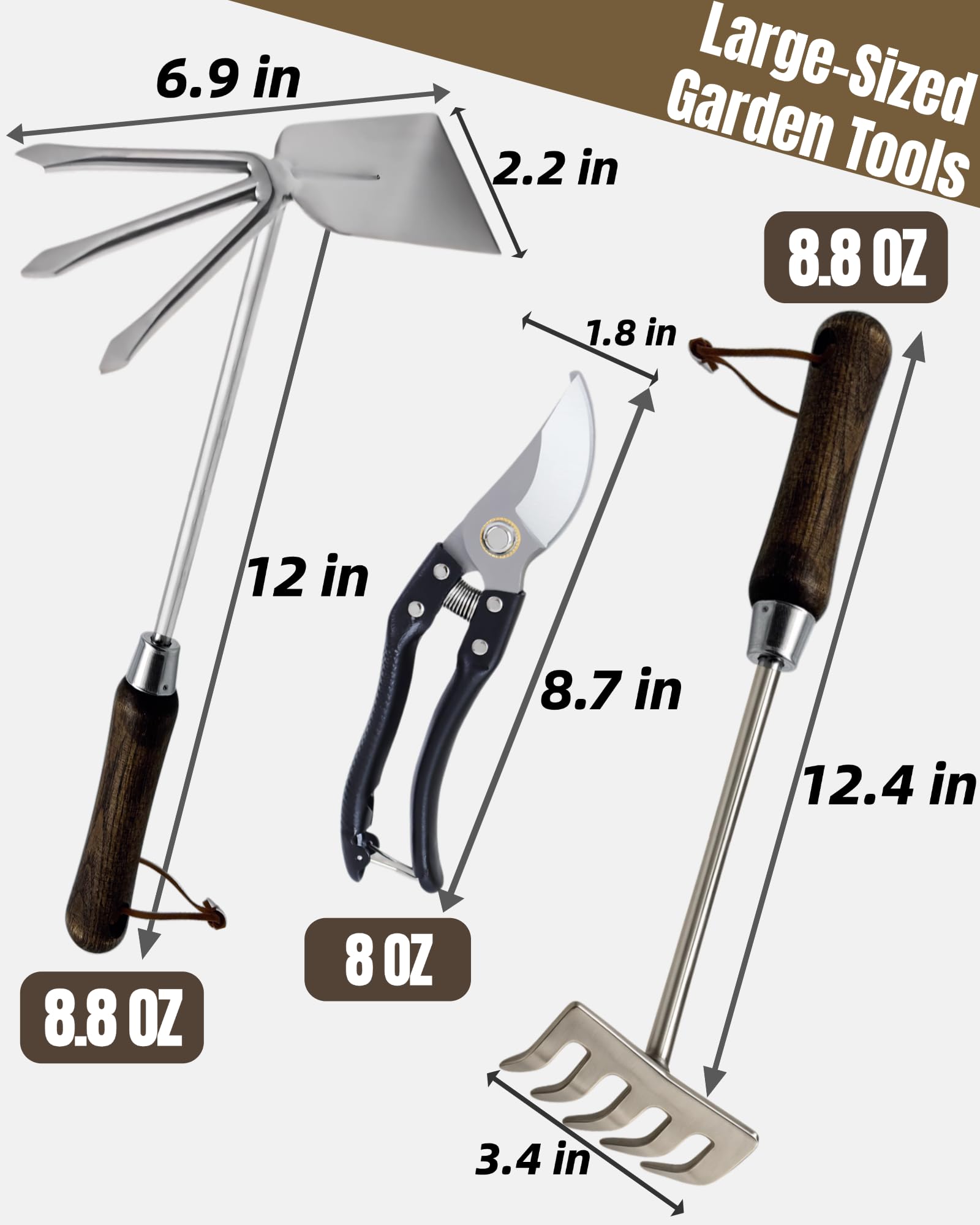 Juego de herramientas de jardín, 6 herramientas manuales de jardinería de acero inoxidable resistentes con cuerdas, incluyendo paleta, trasplantador, azada 2 en 1, tenedor de mano, rastrillo de mano y