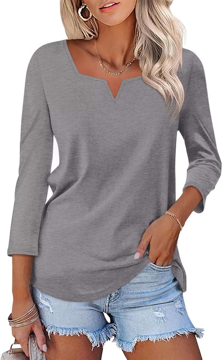 TICTICMISS Womens 3/4 Sleeve Tops Summer Square V Notched Neck T Shirts | Cotton Blend, Not Clingy, All Season Wear, Loose Fit, No See-through, Layering, Easy Care, Casual, Daily Clothes, Vacation