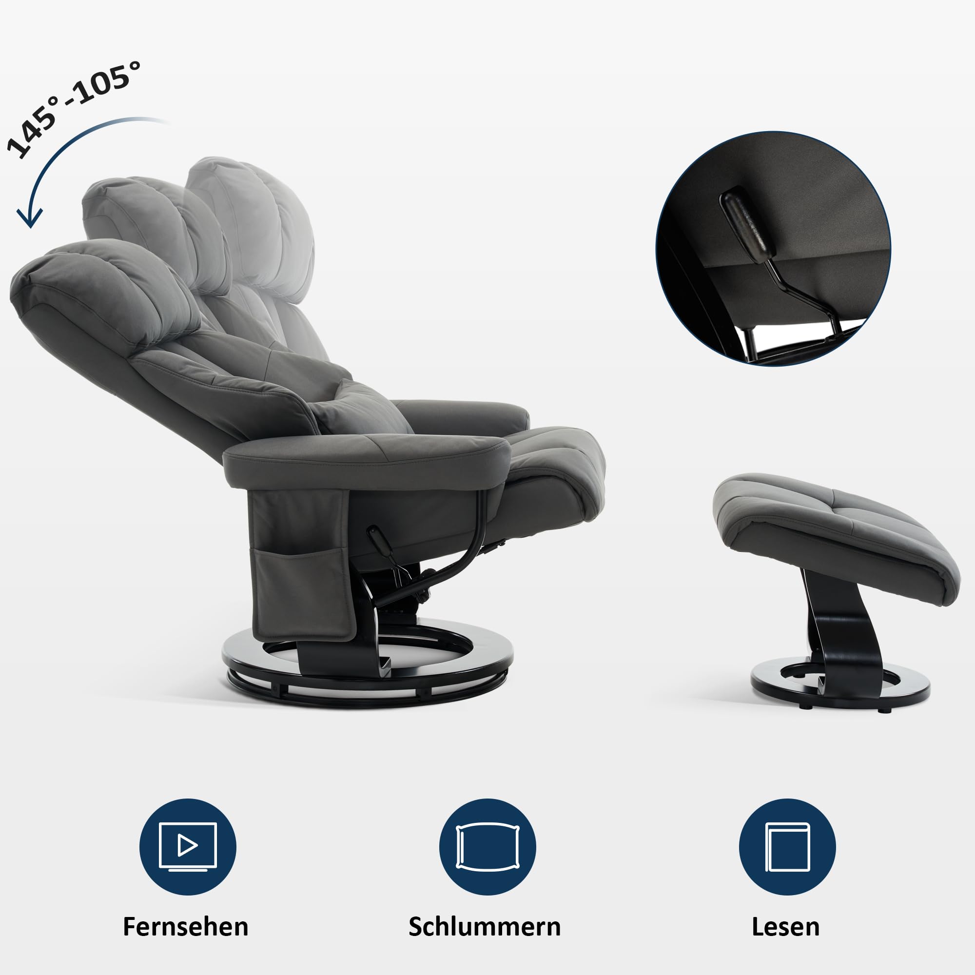 MCombo Relaxsessel mit Hocker Drehbare Fernsehsessel Liegefunktion Moderner TV-Sessel Stuhl Wohnzimmer Mikrofaser Grau