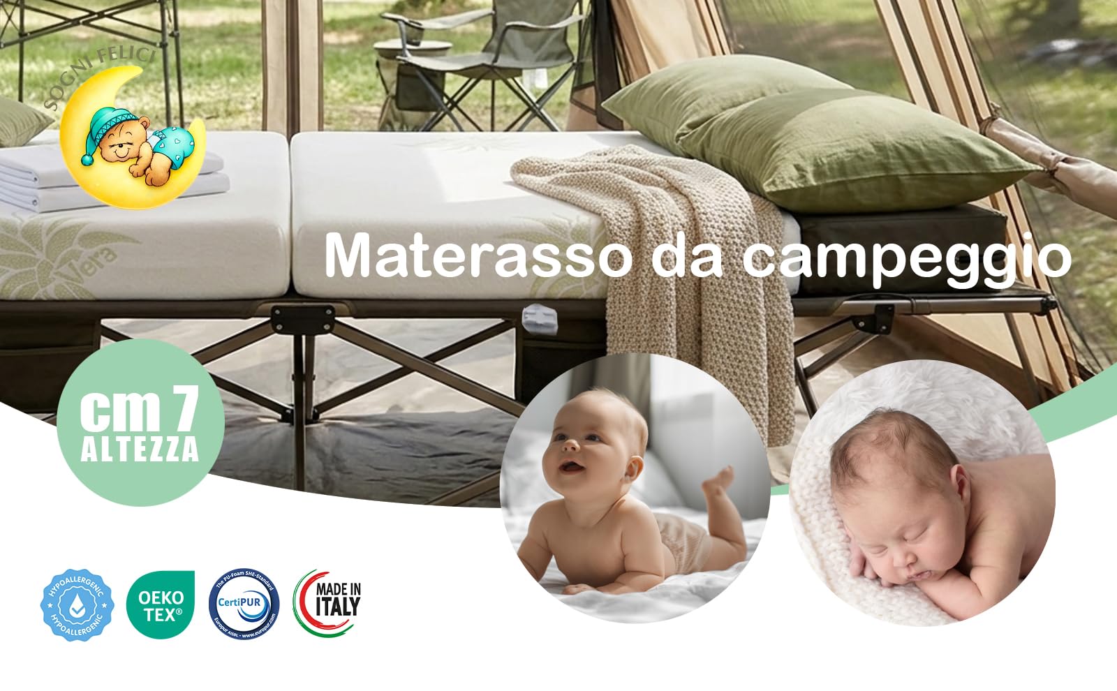 Materasso Lettino da Campeggio 60x120 Spessore 7 cm, OEKO-TEX® e CertiPUR™ Materassino Pieghevole per Culla da Viaggio, Fodera Aloe Vera, Materasso Lettino 60x120 per Lettino Portatile