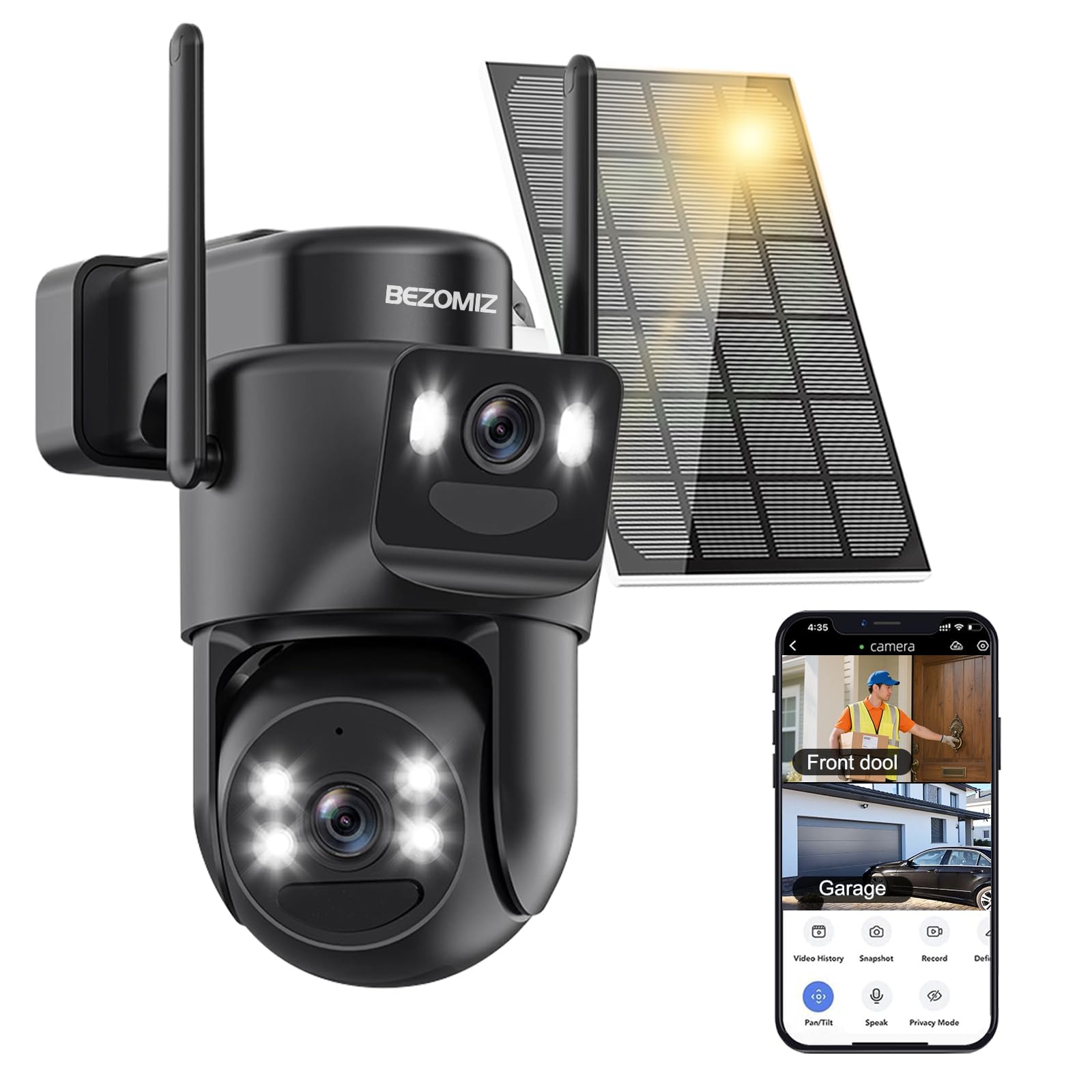 4K Caméra Surveillance WiFi Extérieure à Double Objectif,360° PTZ Caméra IP,8MP Détection Humaine avec Panneau Solaire,Suivi Automatique,Vision Nocturne Couleur,Étanche,Audio Bidirectionnel,2.4GHz