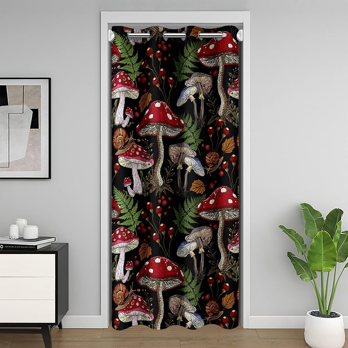 jejeloiu Mushroom Doorway Curtain Privacy, Nature Snail Botanical Leaf Door Cover Curtain,Wild Fungus Plants Insulated Thermal Curtains for Bedroom,