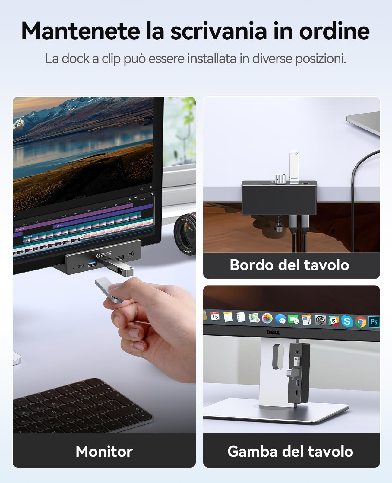 ORICO Docking Station Clip, Hub USB-C 8-in-1 con HDMI 4K@60Hz, PD 100W, Ethernet Gigabit, 4xUSB, AUX, 10Gbps Hub USB Dock per Laptop, MacBook, PC (Adattatore non incluso)