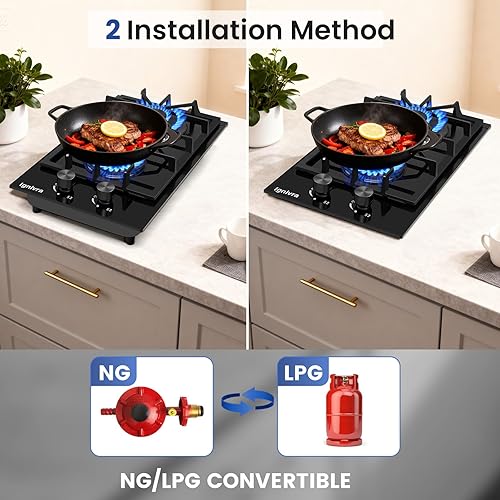 Miniatura 5 de Placa de cocina de gas con 2 quemadores, estufa de gas integrada de 12000 W, estufa de gas de vidrio templado de cristal negro, estufa de propano