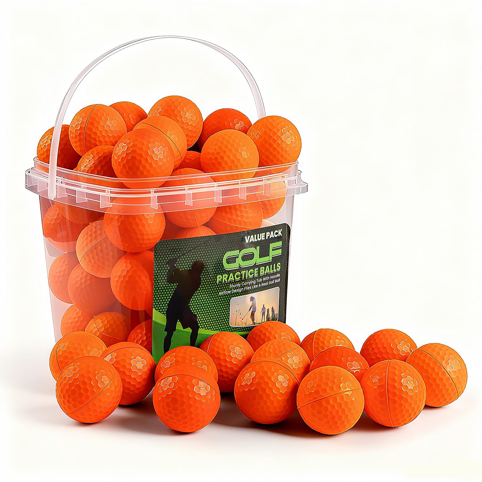 Golf Practice Balls Foam Colored Value 50 Pack with Bucket, Golf Ball Lightweight Limited Flight for Men Women Driving Range Backyard Training (Orange)